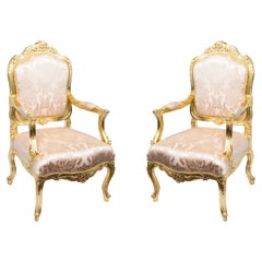 Vintage Pair Louis XV Revival French Gilded Armchairs 20th Century