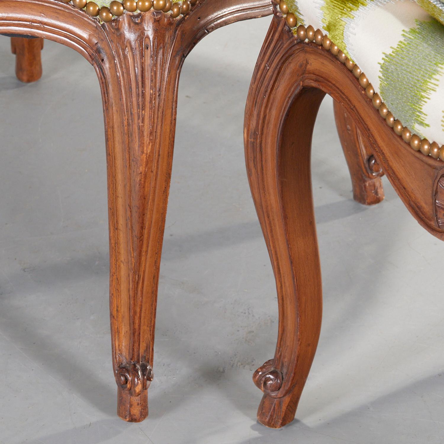 Late 20th Century Vintage Pair Louis XV Style Caned Back Beechwood Fauteuils with Embroidered Silk