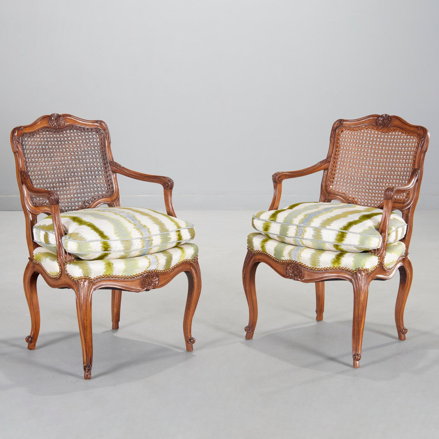 Vintage Pair Louis XV Style Caned Back Beechwood Fauteuils with Embroidered Silk 1