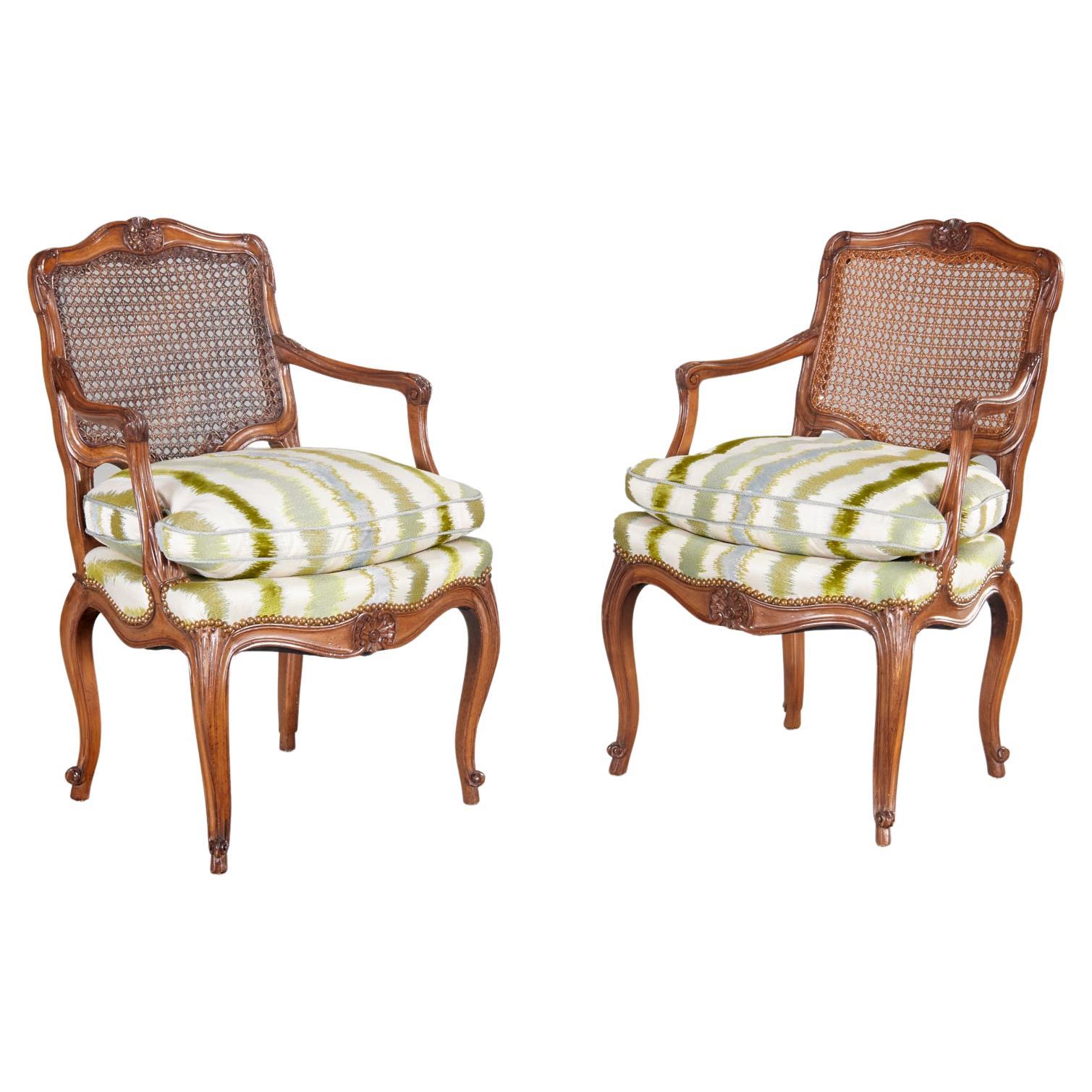 Vintage Pair Louis XV Style Caned Back Beechwood Fauteuils with Embroidered Silk