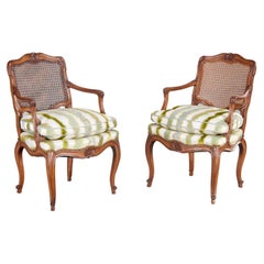 Vintage Pair Louis XV Style Caned Back Beechwood Fauteuils with Embroidered Silk