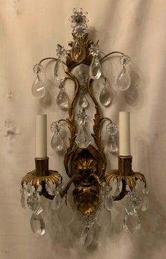 Vintage Pair of Maison Baguès Rock Crystal Gilt Tole Filigree Two-Light Sconces