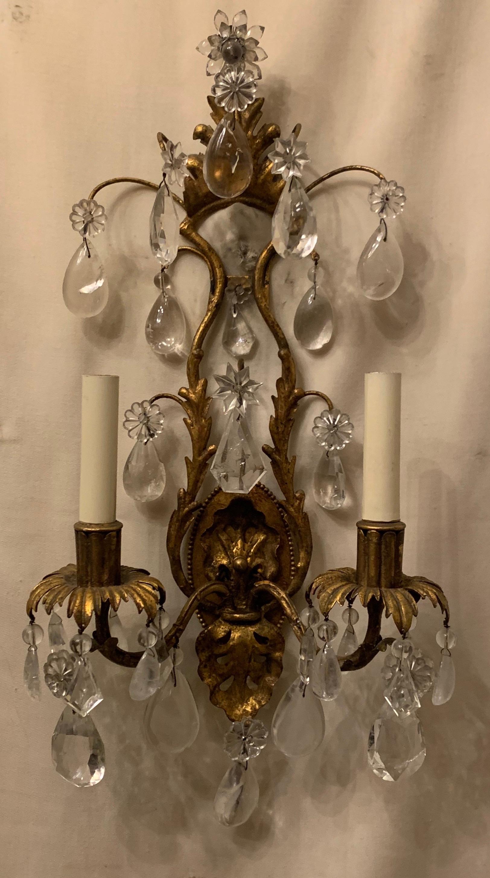 Vintage Pair of Maison Baguès Rock Crystal Gilt Tole Filigree Two-Light Sconces In Good Condition For Sale In Roslyn, NY