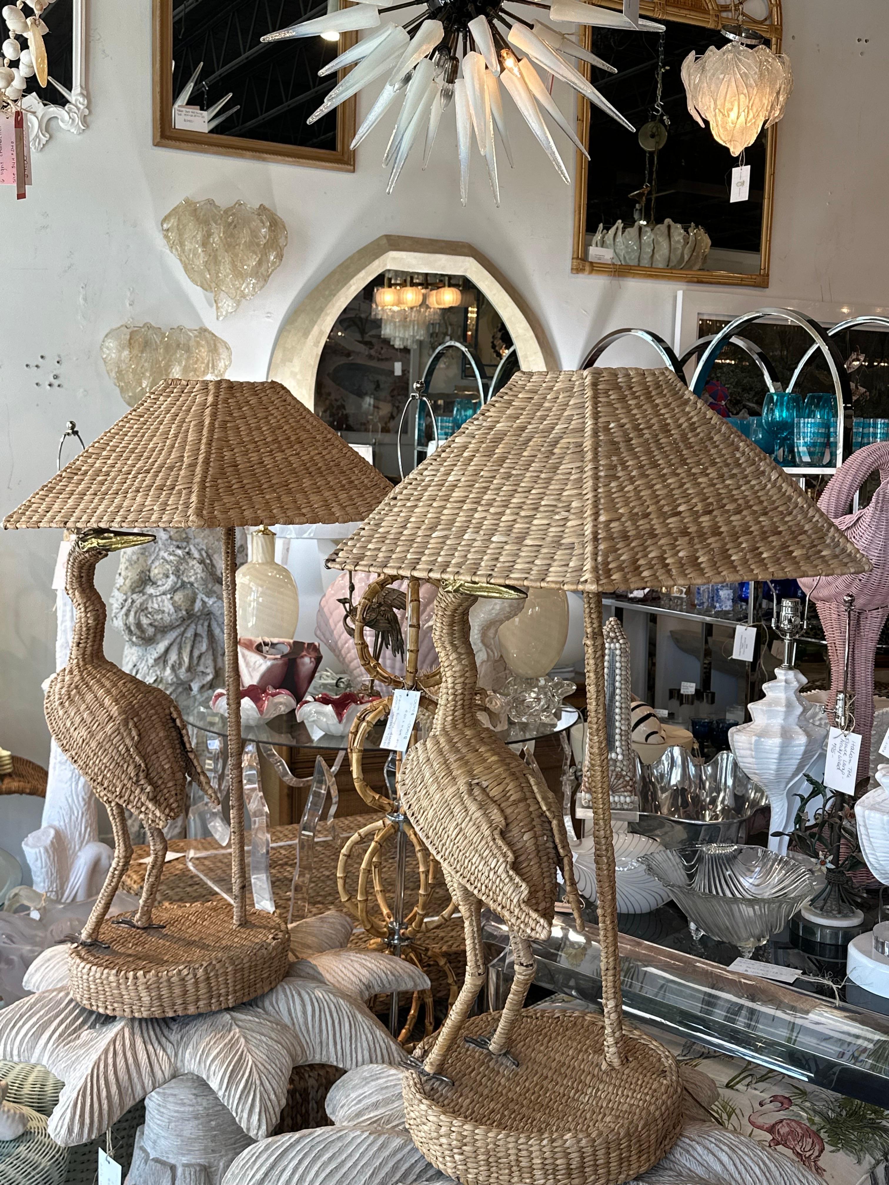 Vintage Pair Mario Lopez Torres Heron Bird Table Lamps Woven Rattan Wicker  For Sale 5