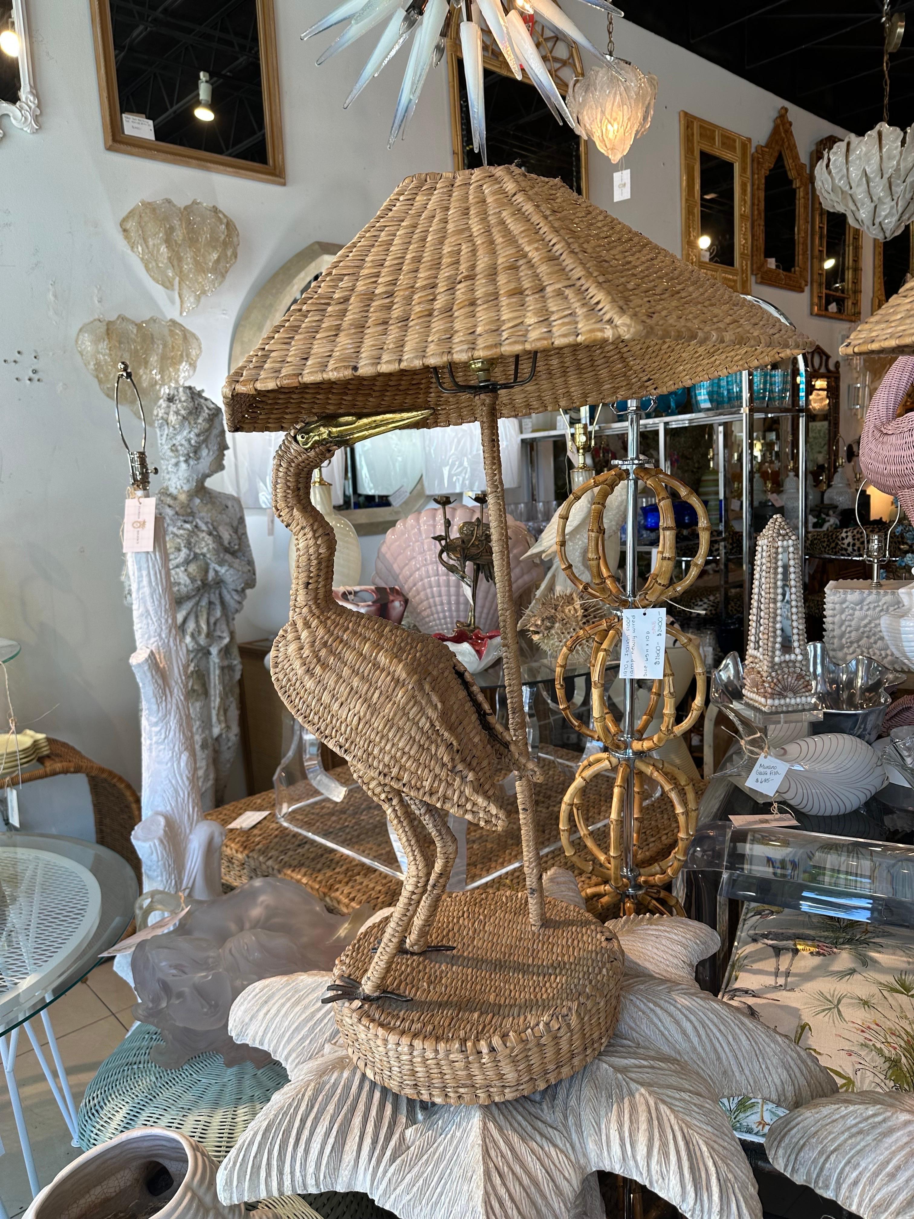 Vintage Pair Mario Lopez Torres Heron Bird Table Lamps Woven Rattan Wicker  For Sale 7