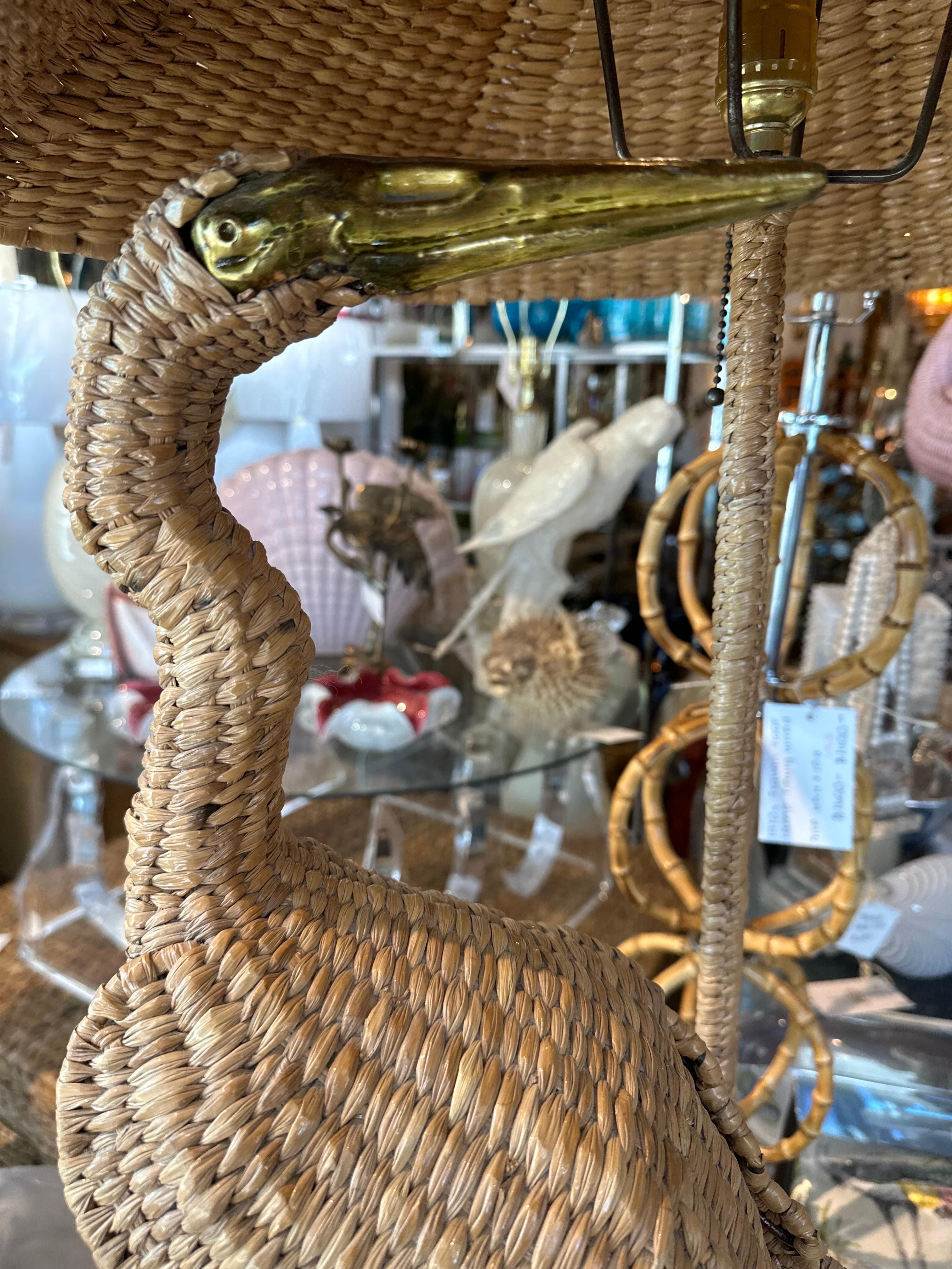 Hollywood Regency Vintage Pair Mario Lopez Torres Heron Bird Table Lamps Woven Rattan Wicker  For Sale