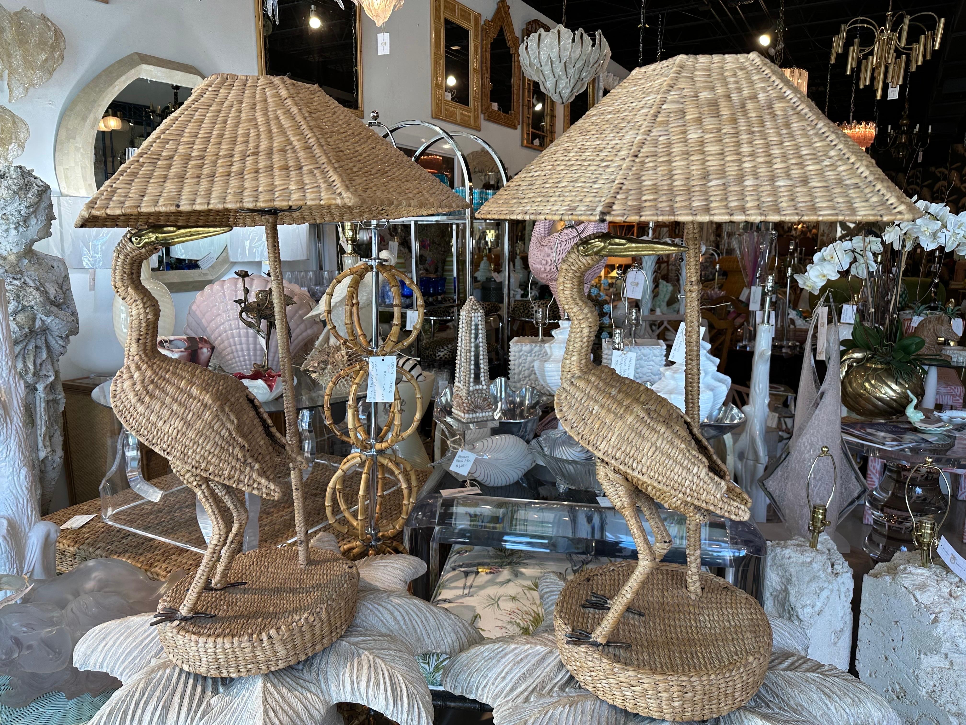 Vintage Pair Mario Lopez Torres Heron Bird Table Lamps Woven Rattan Wicker  In Good Condition For Sale In West Palm Beach, FL