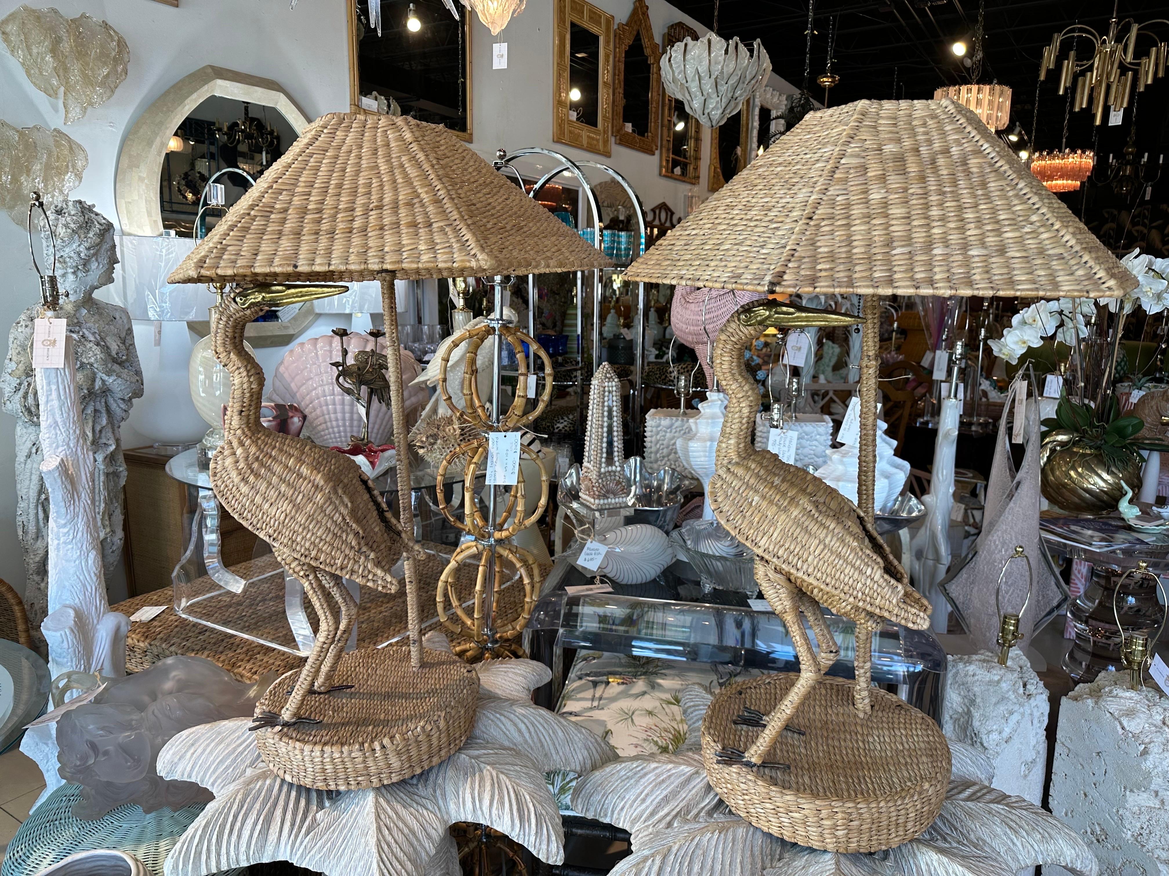 Late 20th Century Vintage Pair Mario Lopez Torres Heron Bird Table Lamps Woven Rattan Wicker  For Sale