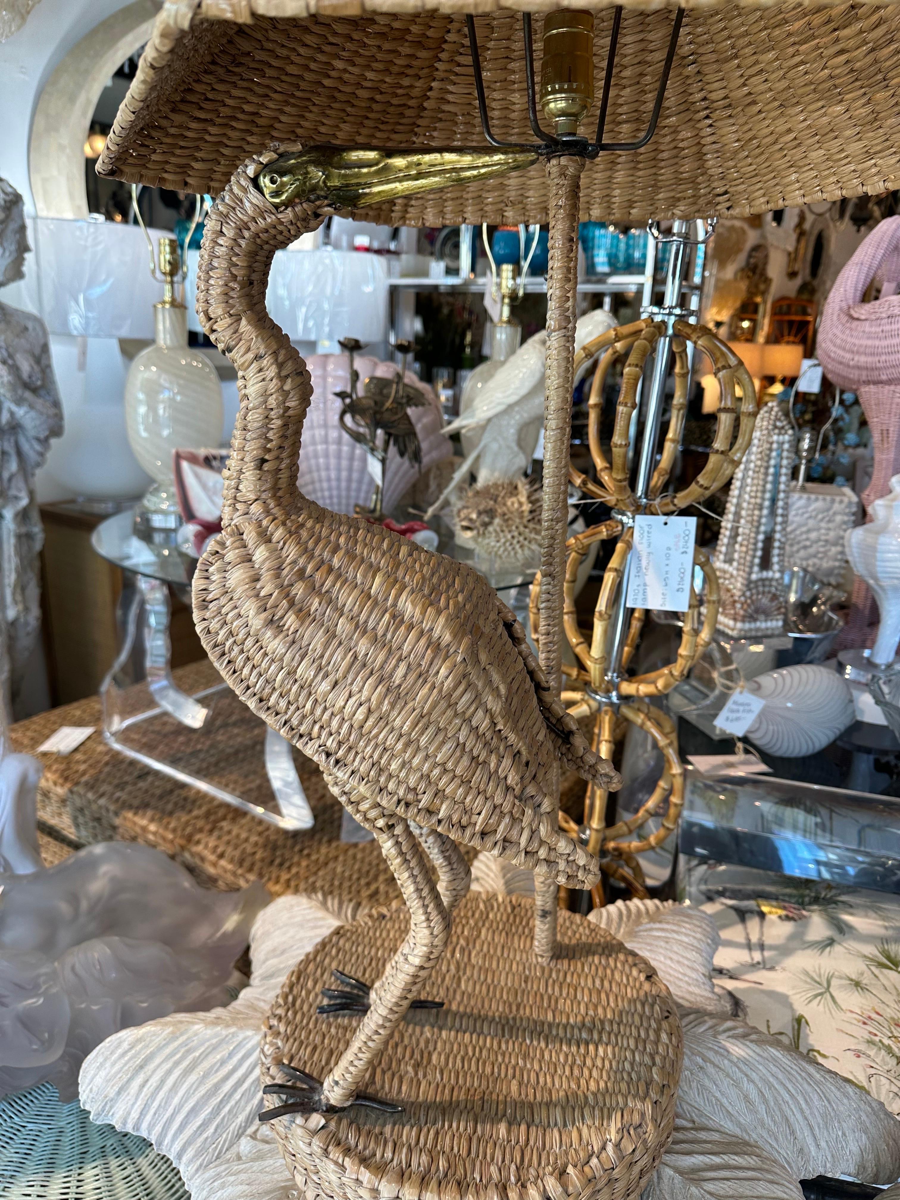 Vintage Pair Mario Lopez Torres Heron Bird Table Lamps Woven Rattan Wicker  For Sale 2