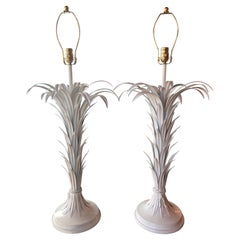 Vintage Pair Metal Tole Palm Leaf Leaves Frond Table Lamps Style of Serge Roche