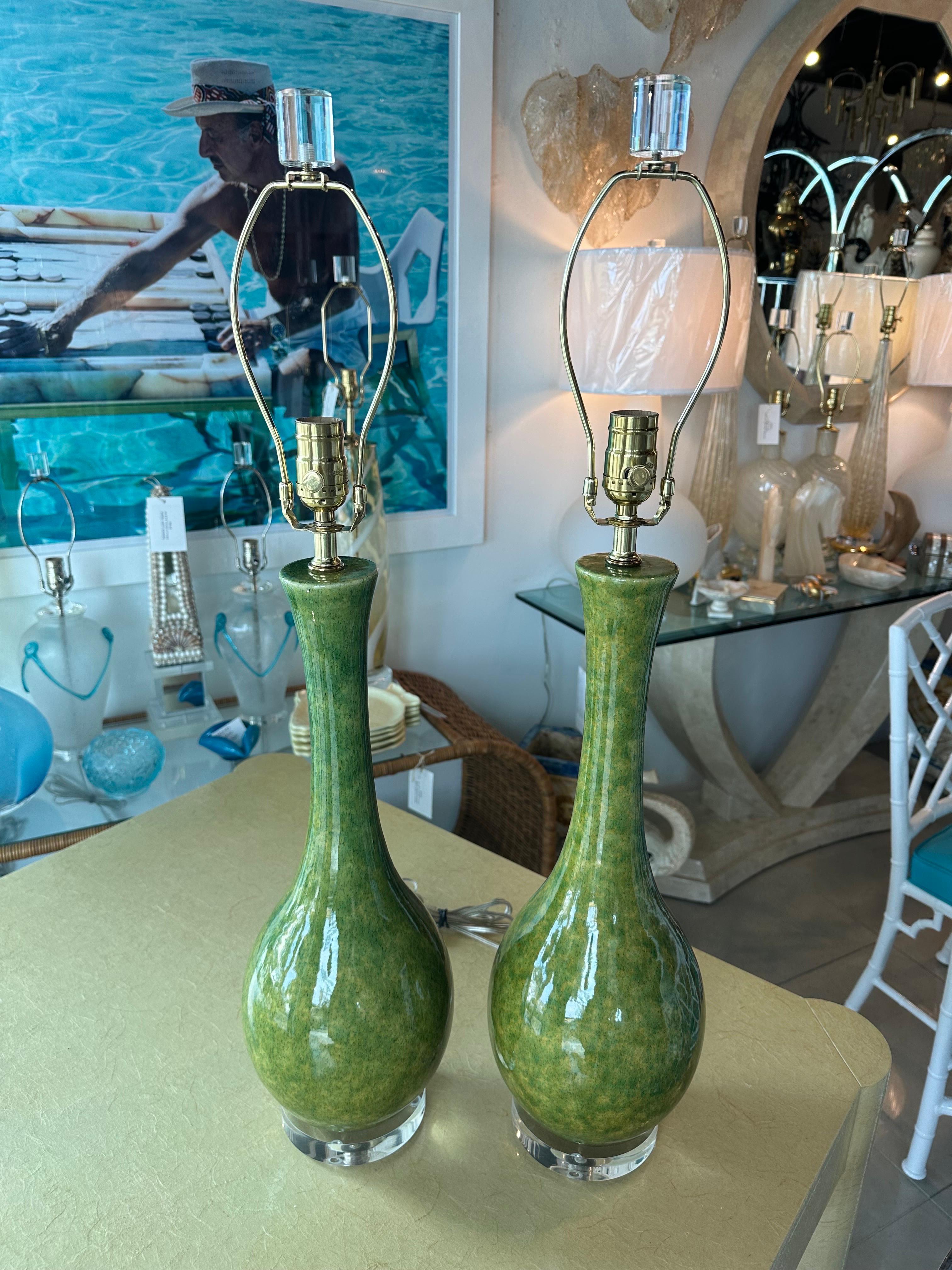 Vintage Pair Mid-Century Modern Ceramic Glazed Green Table Lamps Newly Wired For Sale 6