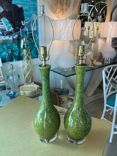 Vintage Pair Mid-Century Modern Ceramic Glazed Green Table Lamps Newly Wired