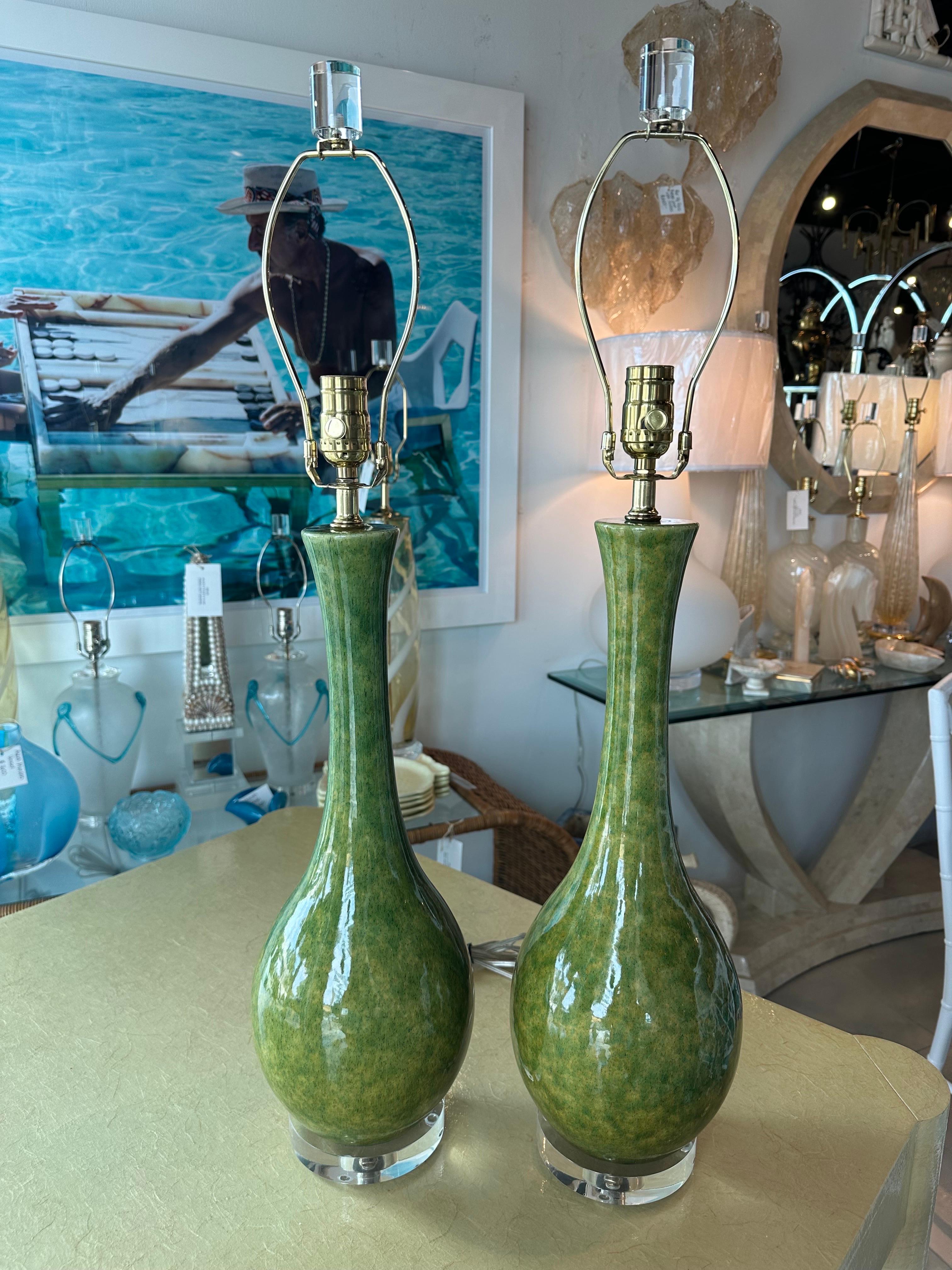 Vintage Pair Mid-Century Modern Ceramic Glazed Green Table Lamps Newly Wired For Sale 1