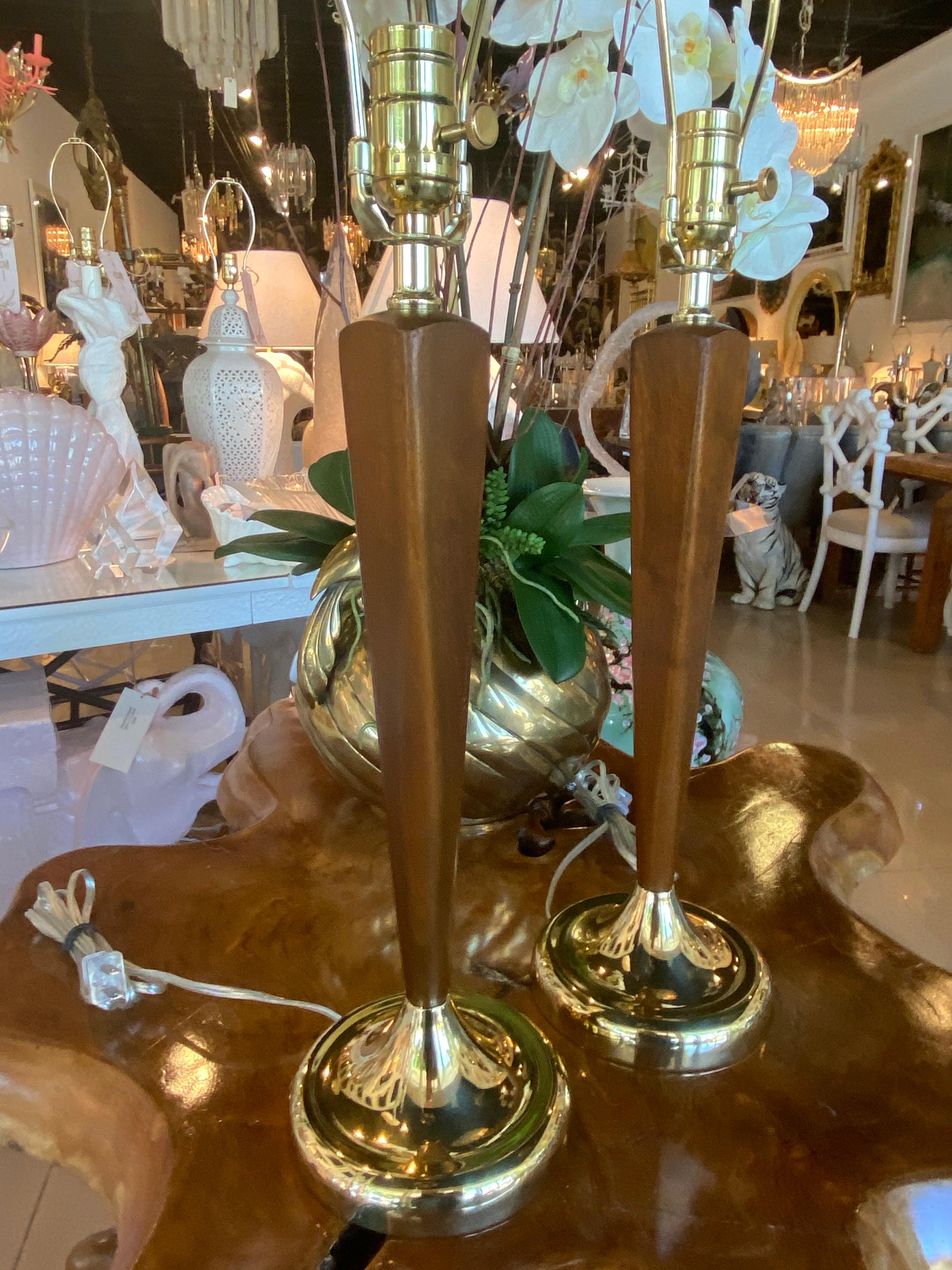 Mid-20th Century Vintage Pair Mid-Century Modern Danish Wood & Brass Table Lamps Restored For Sale