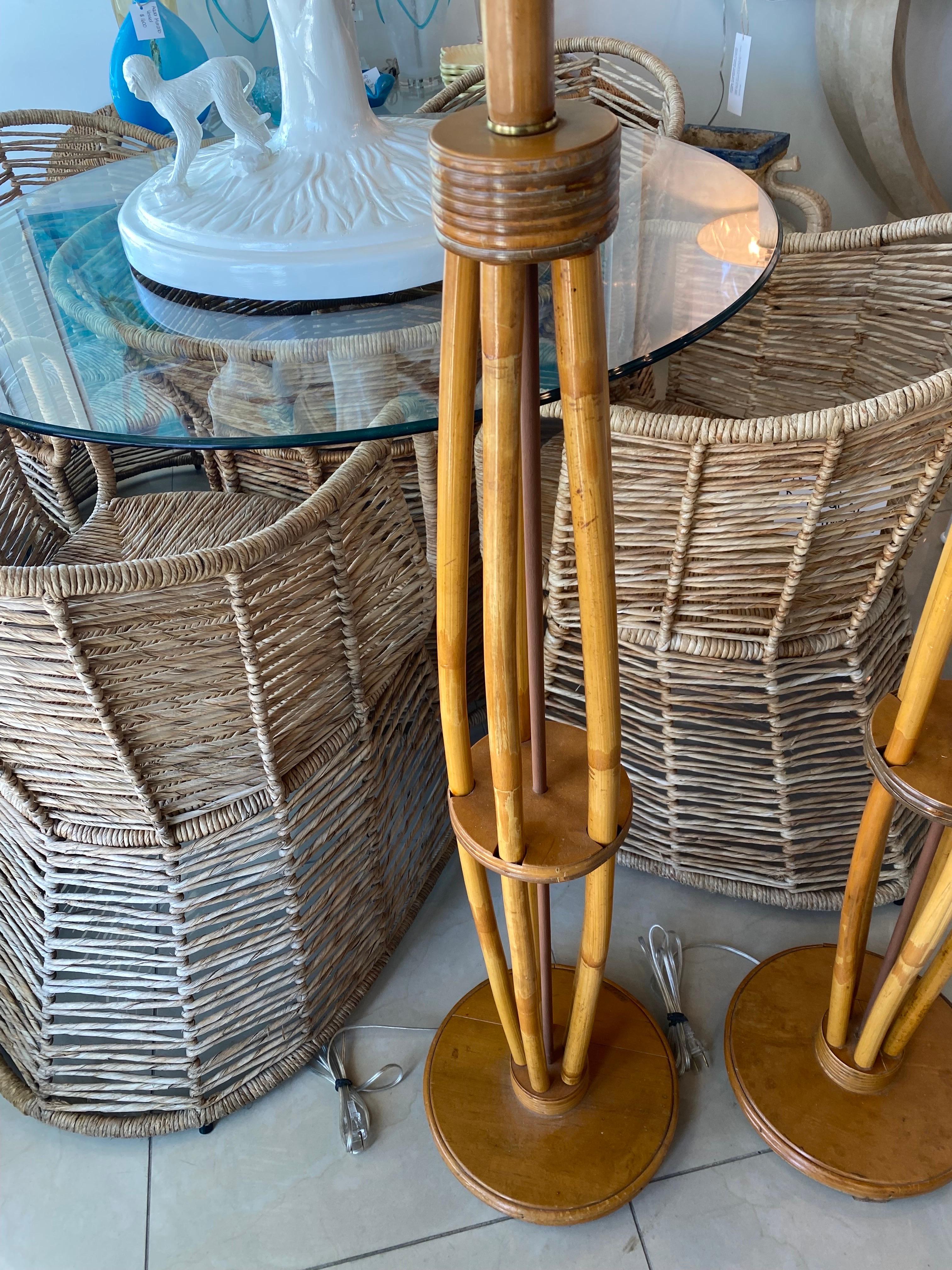 American Vintage Pair Mid-Century Modern Rattan Floor Lamps Newly Wired Brass Hardware