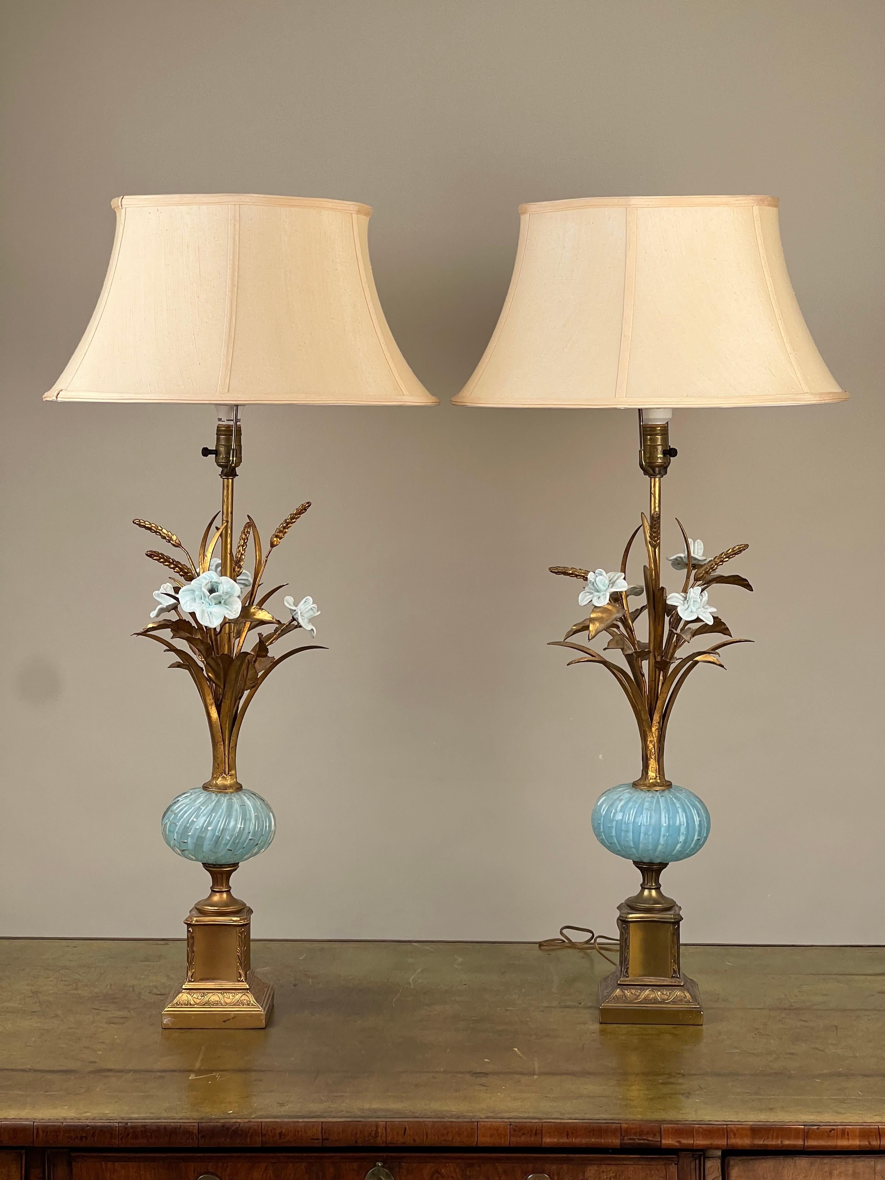 Cette paire de lampes en verre d'art vénitien du milieu du siècle, de style Murano, allie admirablement l'élégance de l'art vénitien au design moderne du milieu du siècle. Les lampes sont dotées de délicates bases nervurées en verre d'art Murano