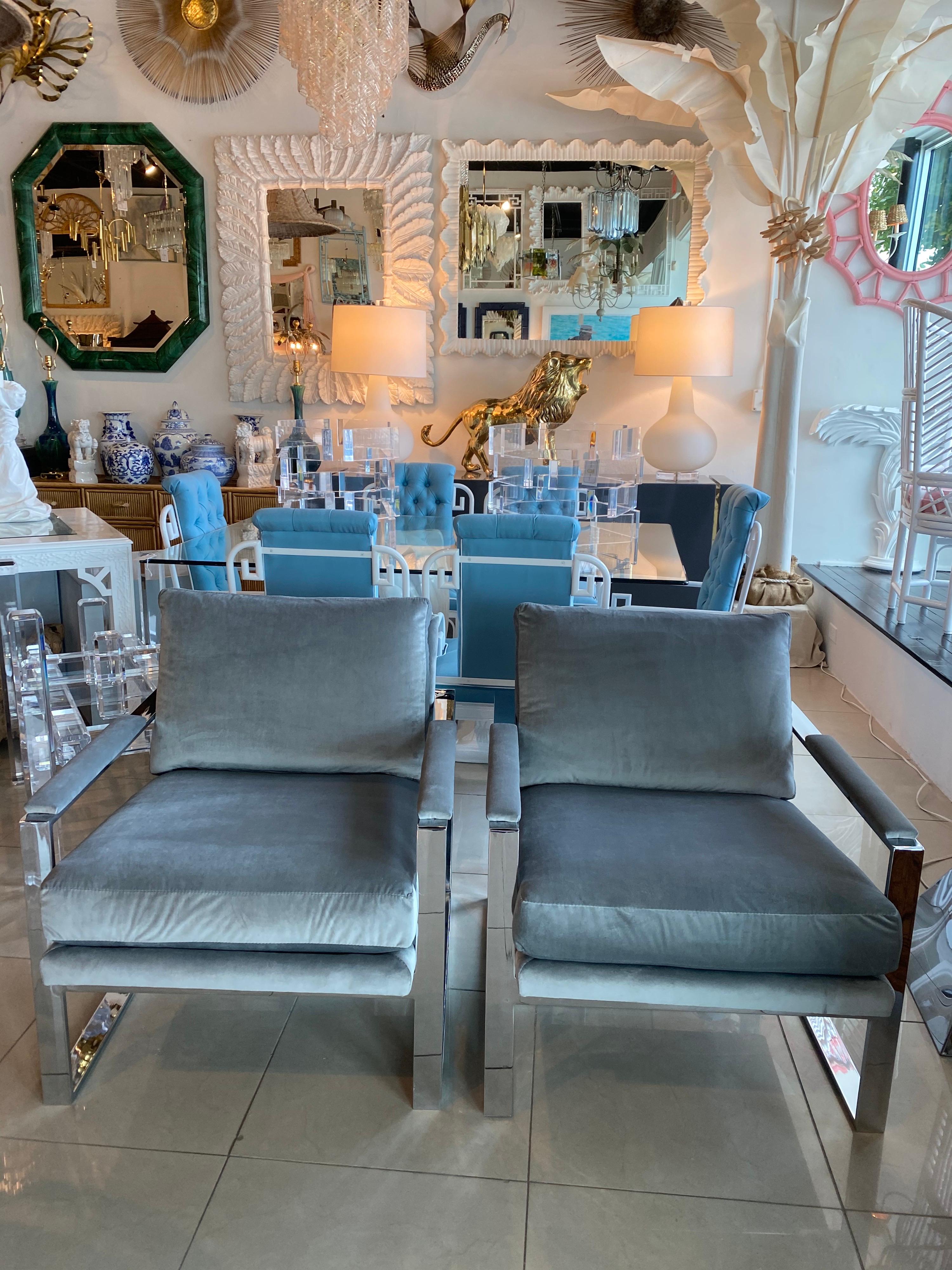 Pair Milo Baughman Style Chrome Cube Armchairs Upholstered Grey Velvet Arm Chair 1