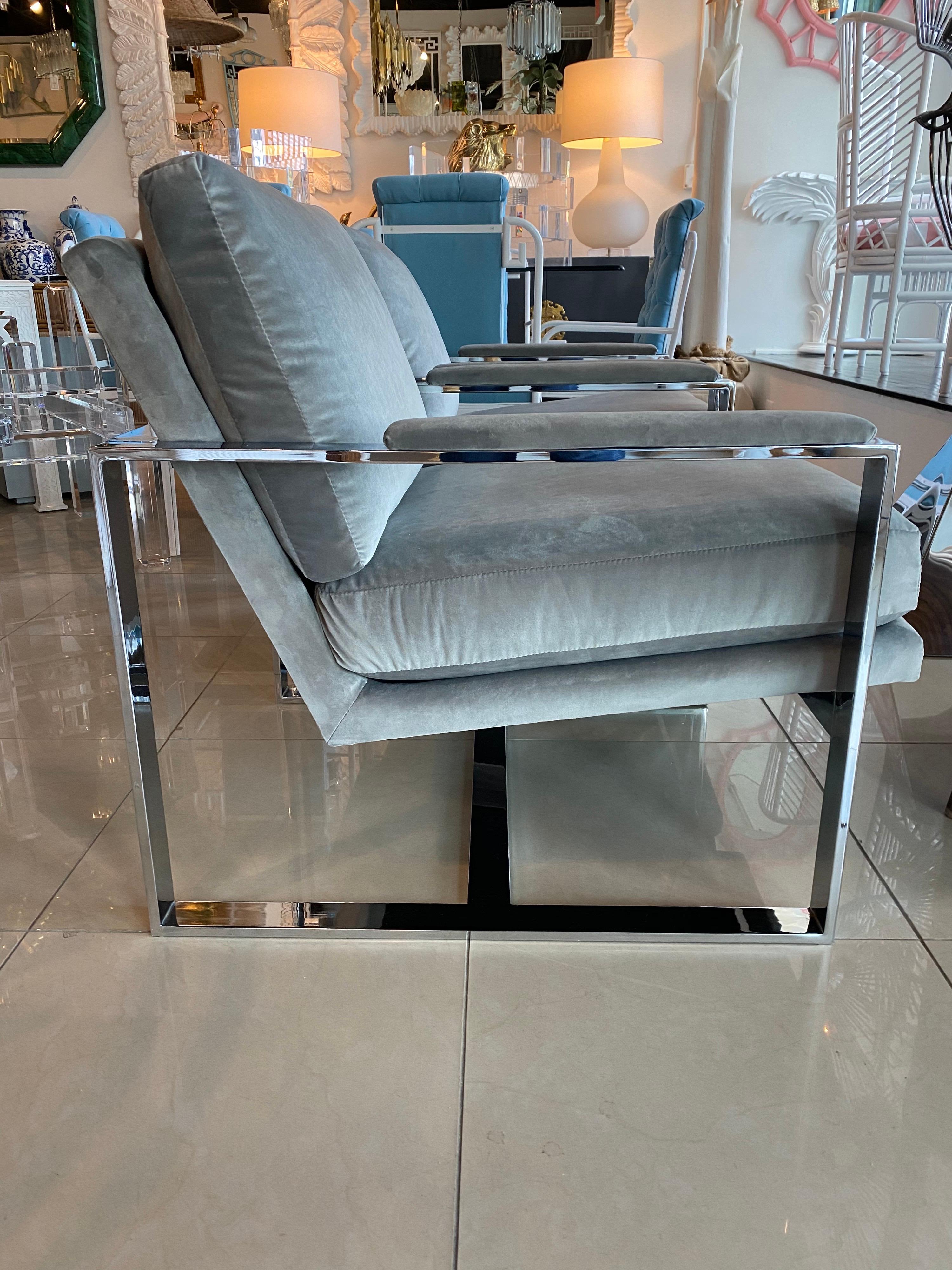 Pair Milo Baughman Style Chrome Cube Armchairs Upholstered Grey Velvet Arm Chair 3