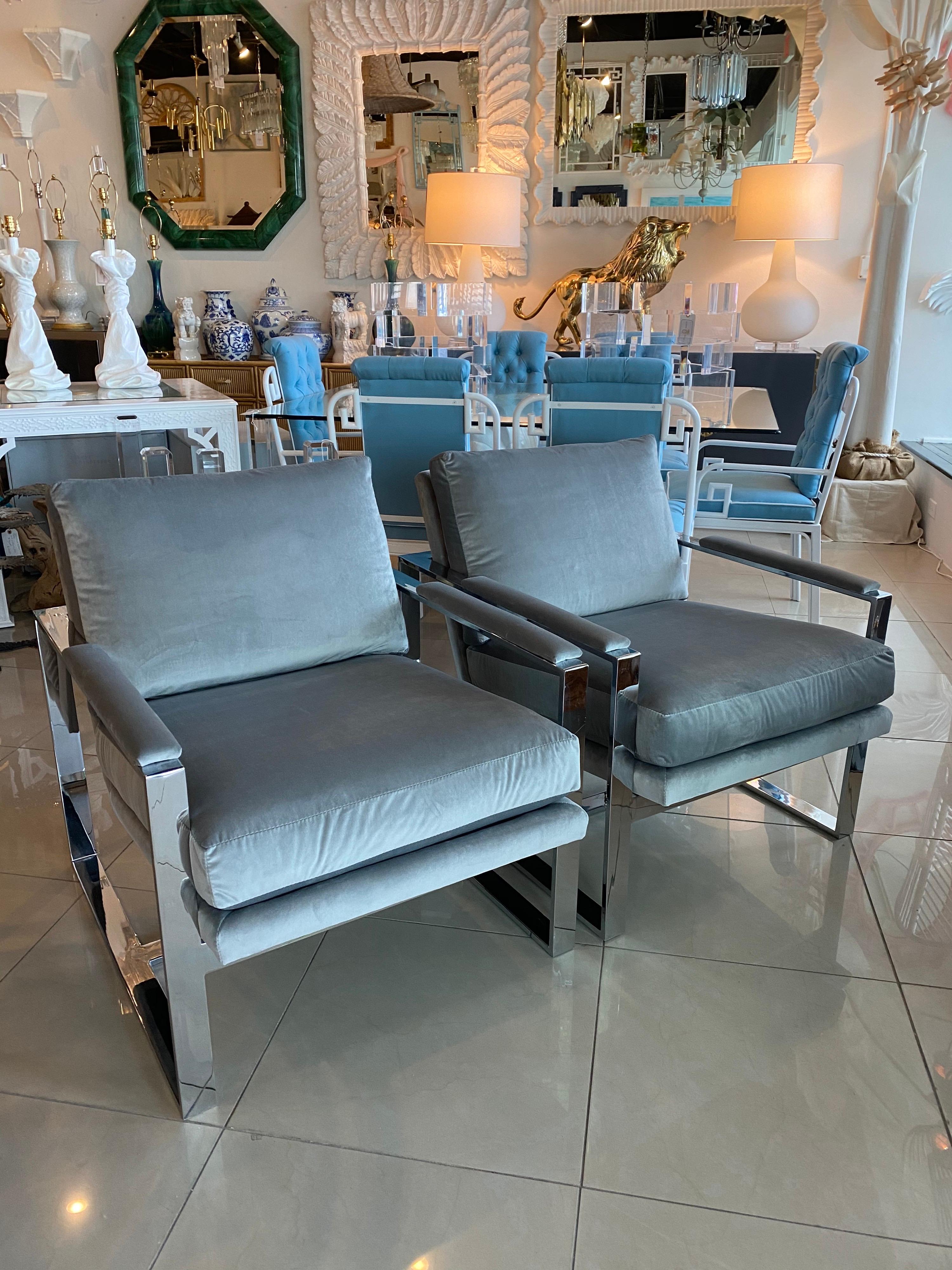 Pair Milo Baughman Style Chrome Cube Armchairs Upholstered Grey Velvet Arm Chair 4