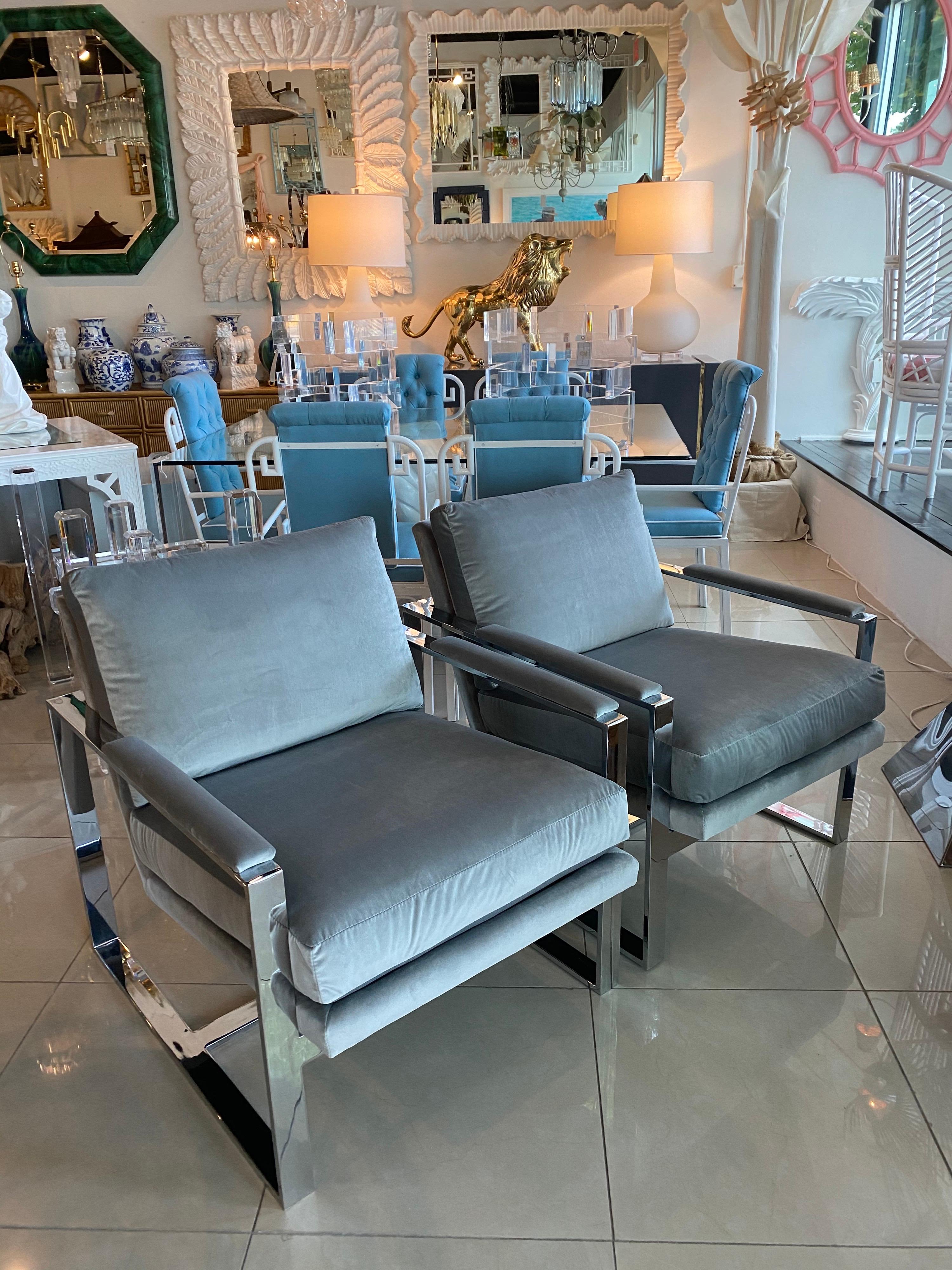 Pair Milo Baughman Style Chrome Cube Armchairs Upholstered Grey Velvet Arm Chair 5