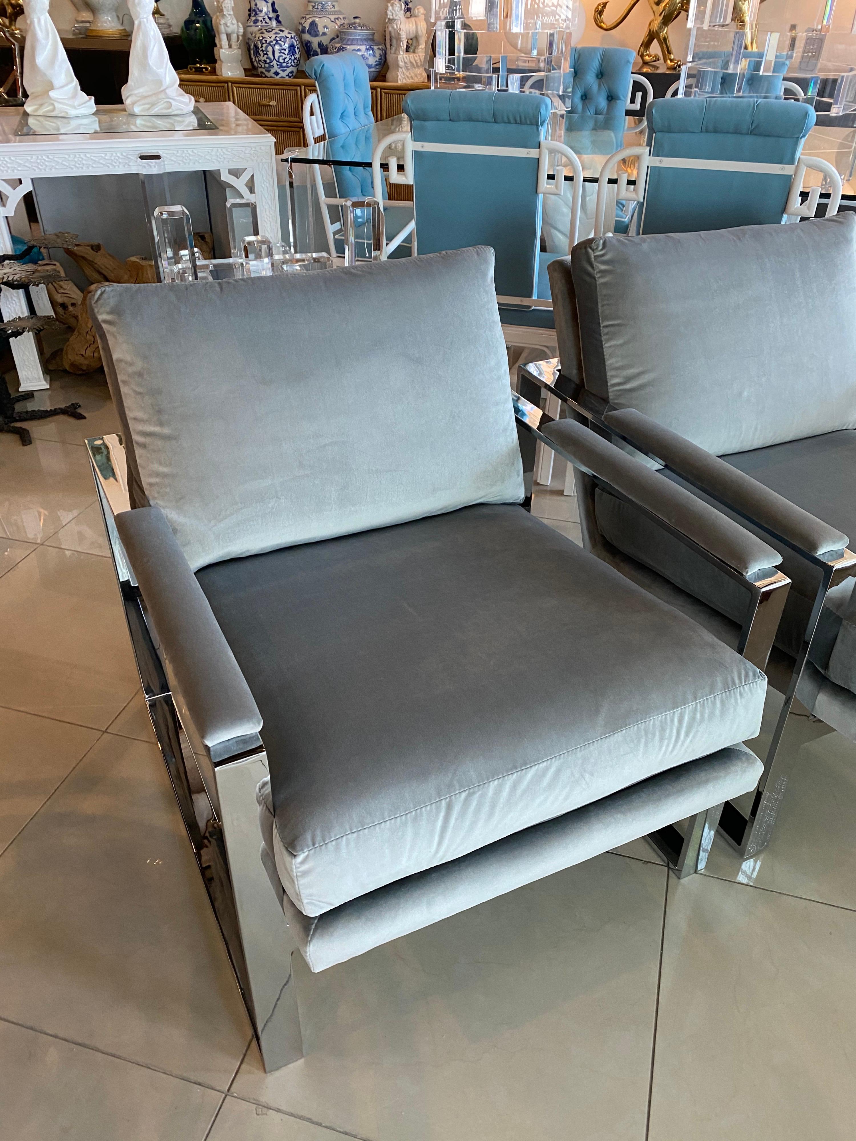 grey fabric armchairs