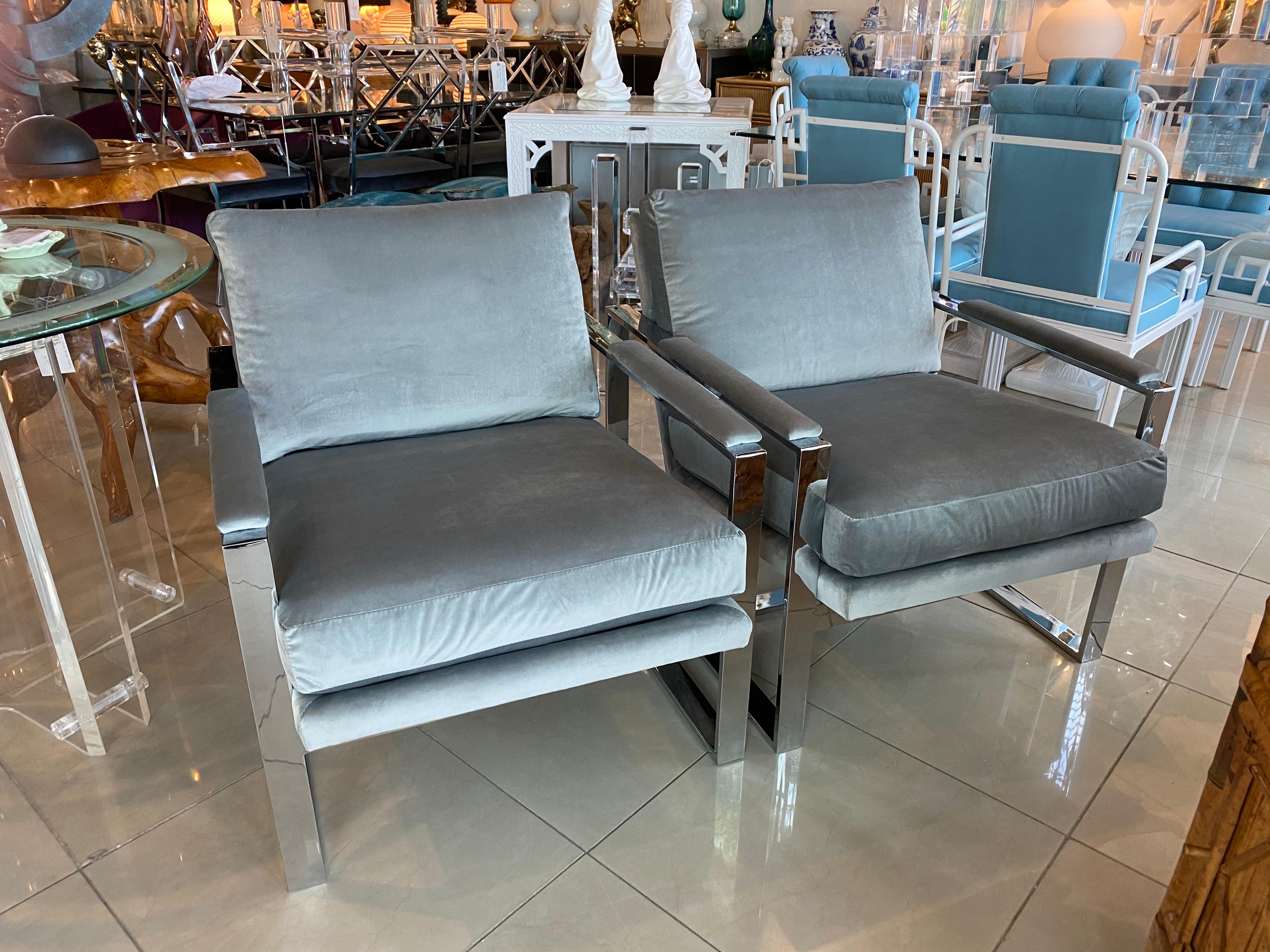 Hollywood Regency Pair Milo Baughman Style Chrome Cube Armchairs Upholstered Grey Velvet Arm Chair