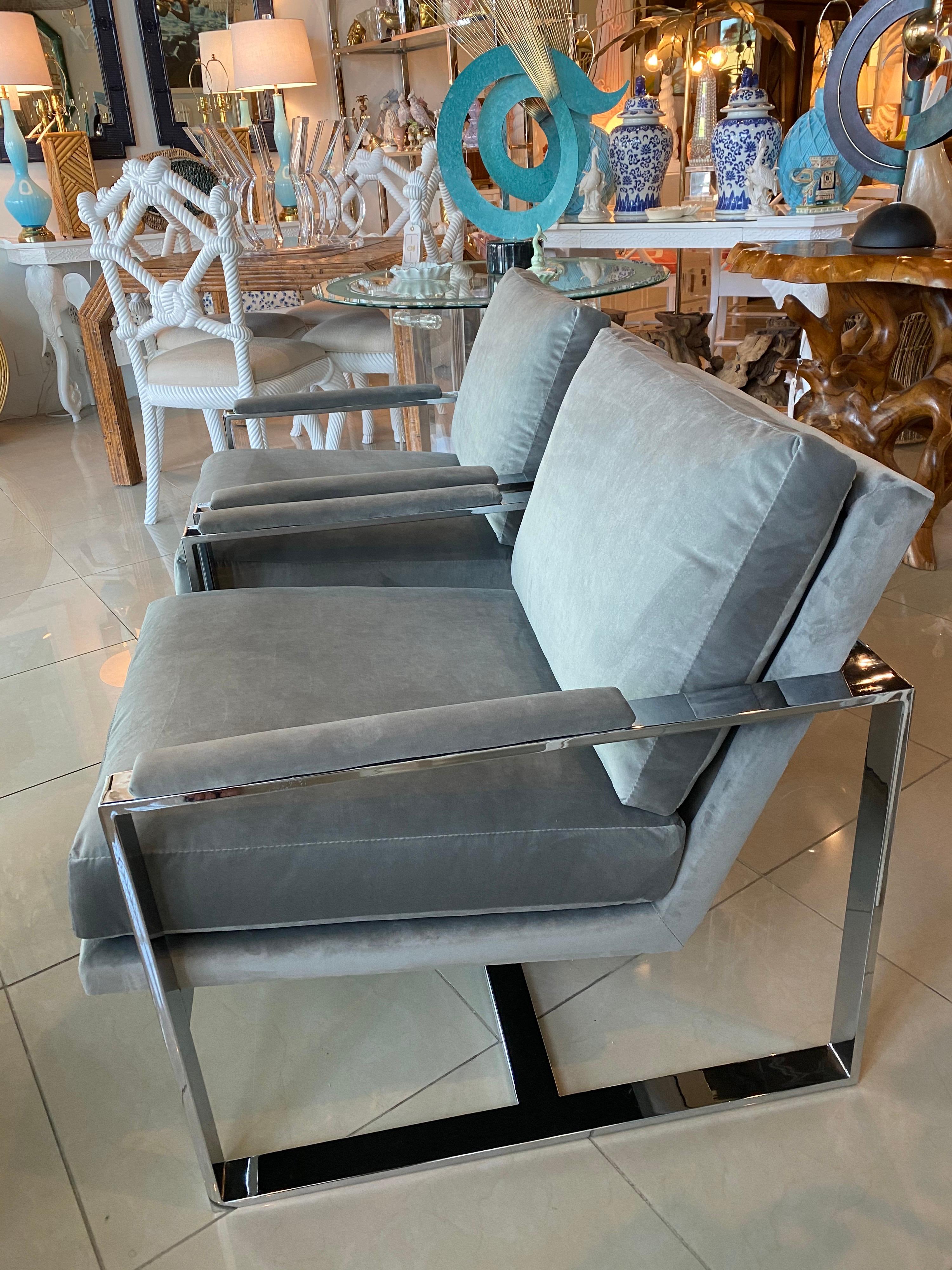 American Pair Milo Baughman Style Chrome Cube Armchairs Upholstered Grey Velvet Arm Chair