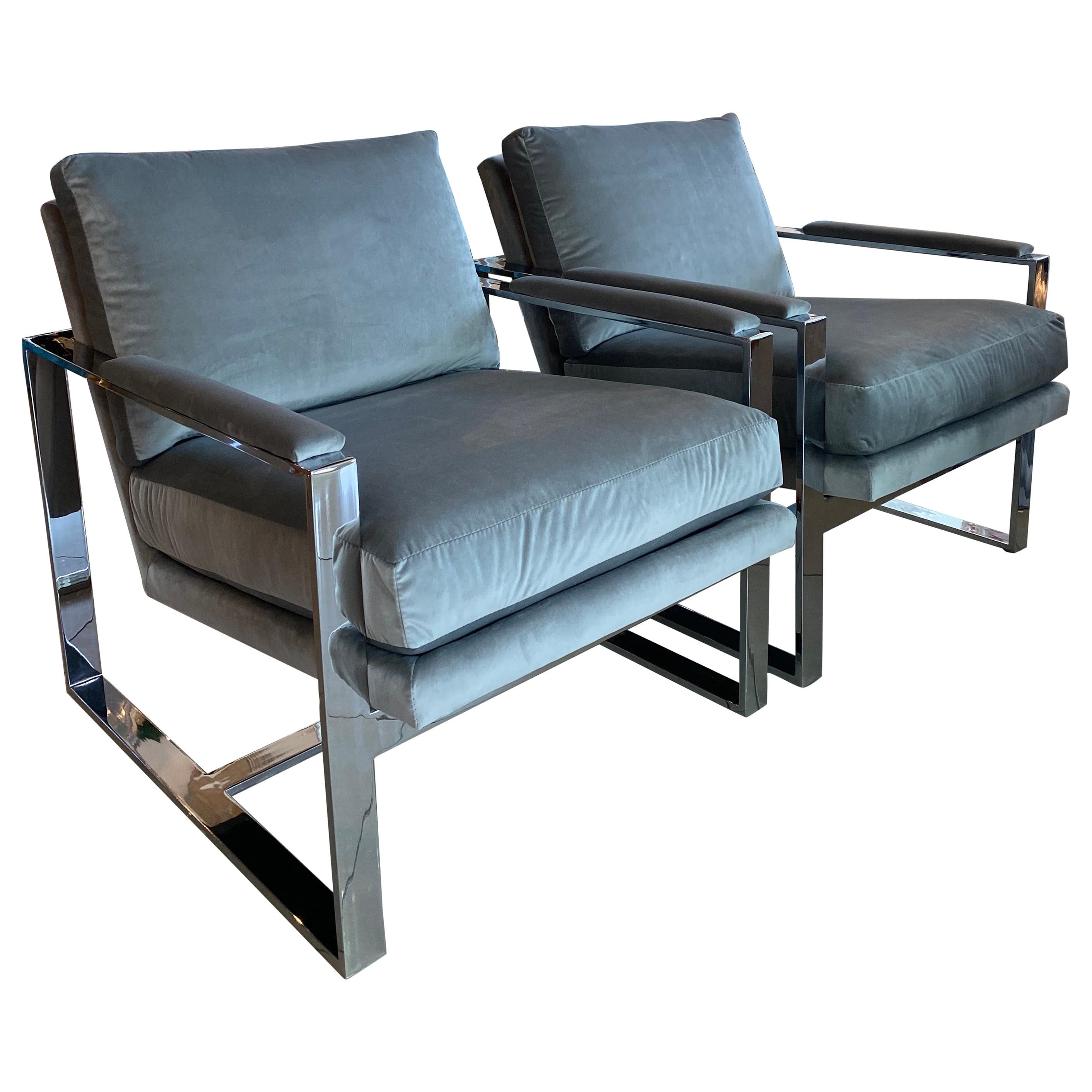 Pair Milo Baughman Style Chrome Cube Armchairs Upholstered Grey Velvet Arm Chair