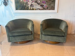 Vtg. Pair Milo Baughman Thayer Coggin Walnut & Green Velvet Swivel Tilt Chairs