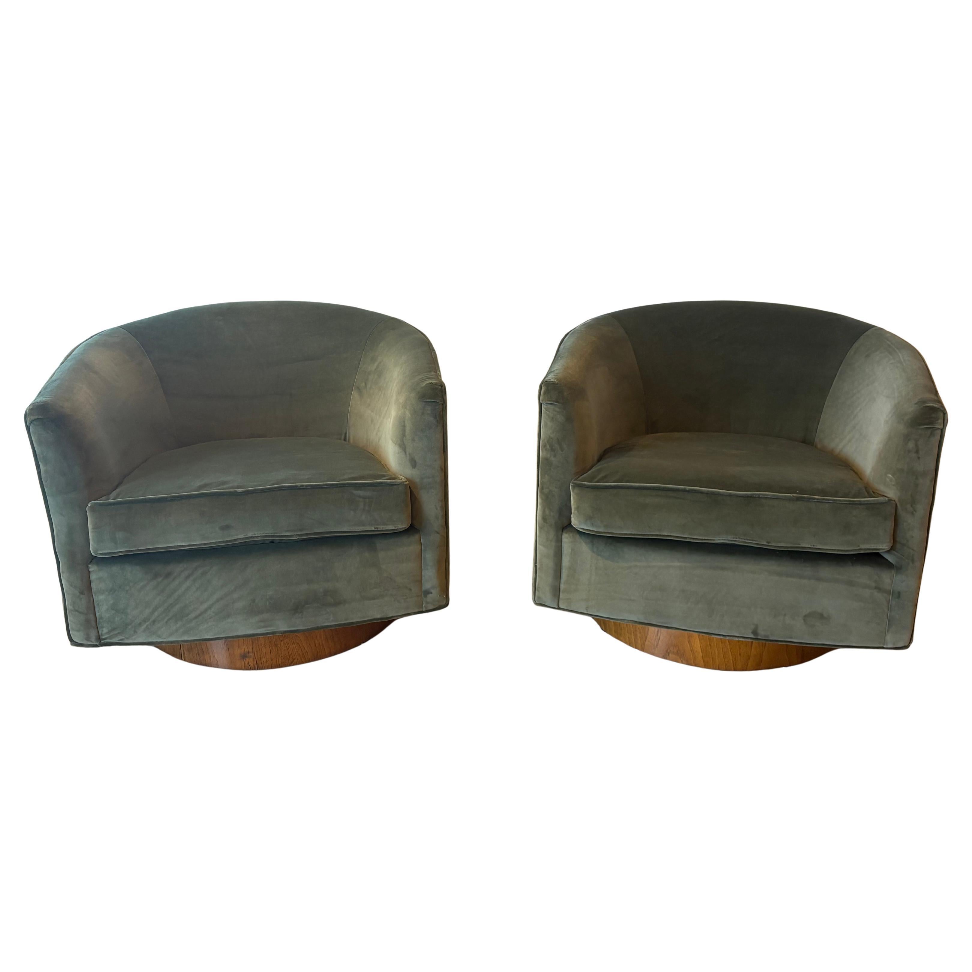 Vintage Pair Milo Baughman for Thayer Coggin Walnut 
Green Velvet Swivel Chairs For Sale