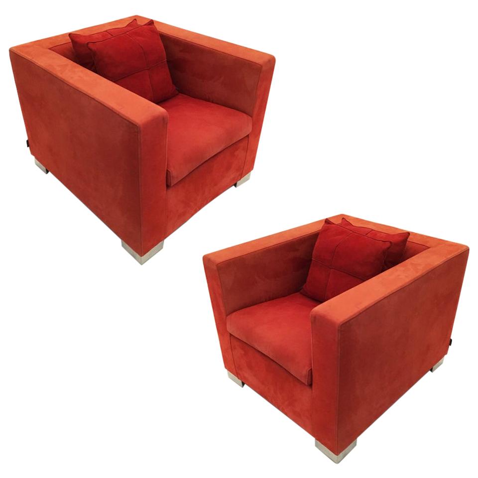 Vintage Pair of Minotti 'Suitcase' Club Chairs Suede Leather, Italy 1980s For Sale