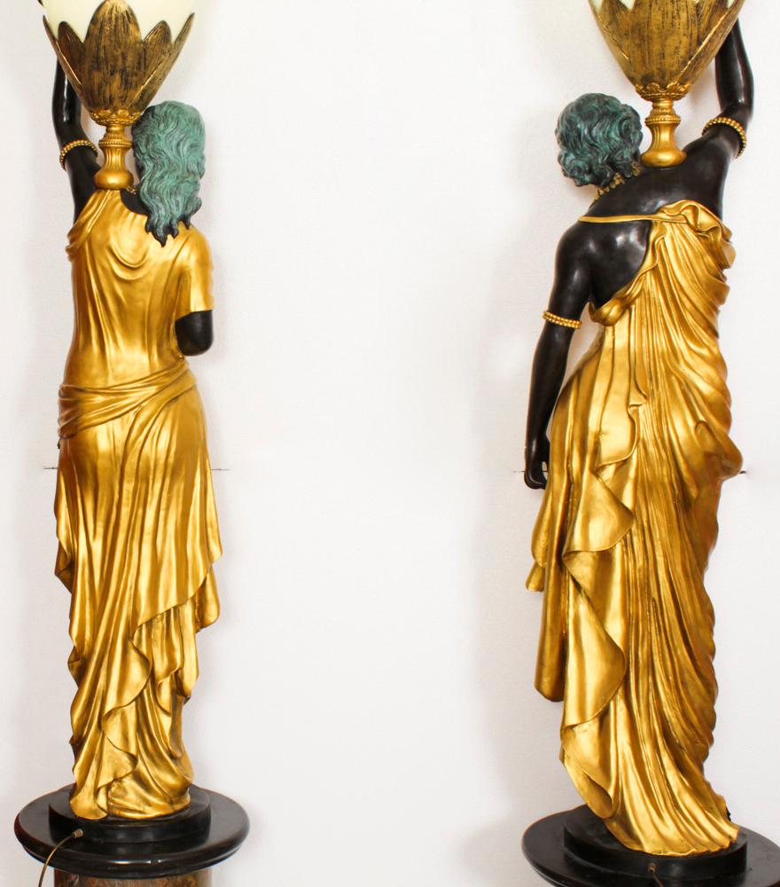 Vintage Pair Monumental Gilded Bronze Lamps on Marble Bases 20th Century 15