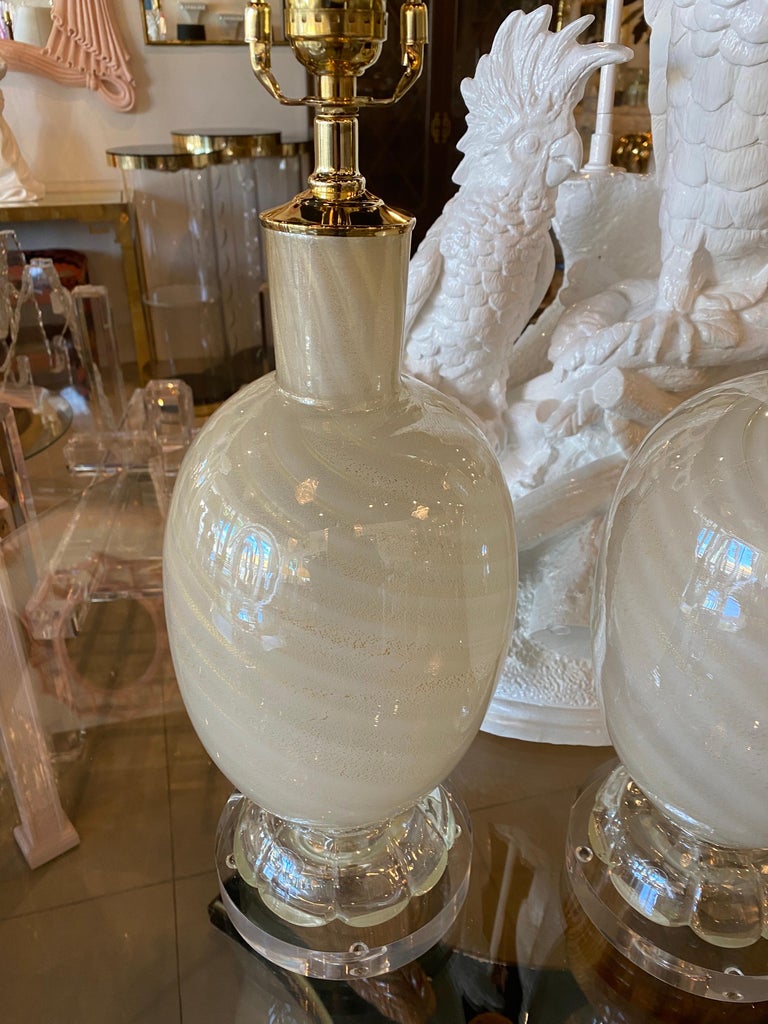 Vintage Pair Murano Glass White Opaline Gold Swirl Sparkle Table Lamps Restored For Sale 6