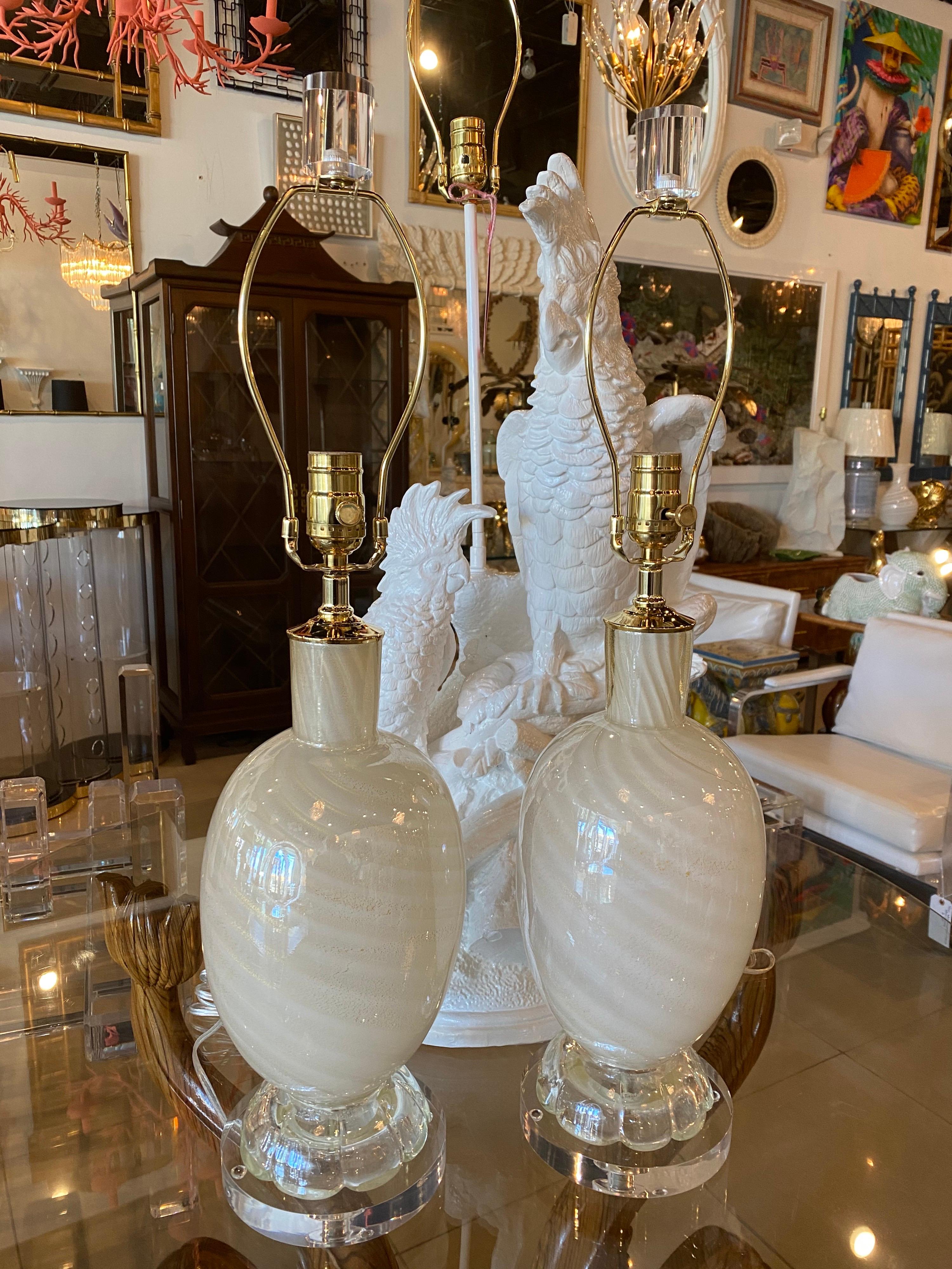 Mid-20th Century Vintage Pair Murano Glass White Opaline Gold Swirl Sparkle Table Lamps Restored For Sale