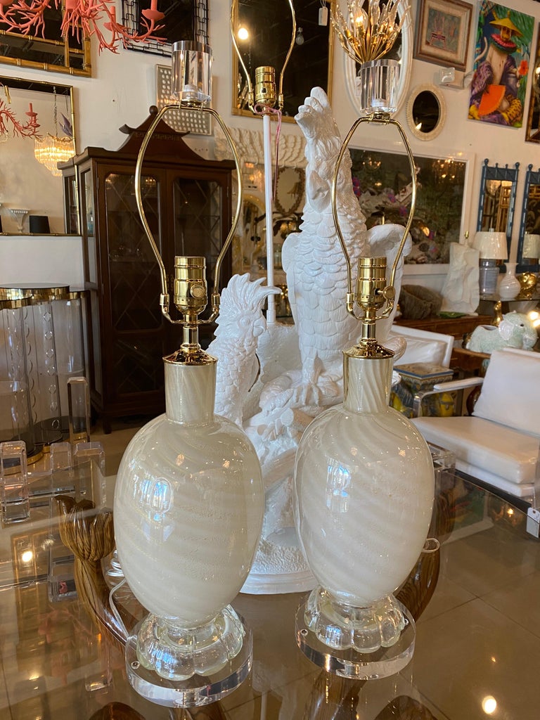 Vintage Pair Murano Glass White Opaline Gold Swirl Sparkle Table Lamps Restored For Sale 1