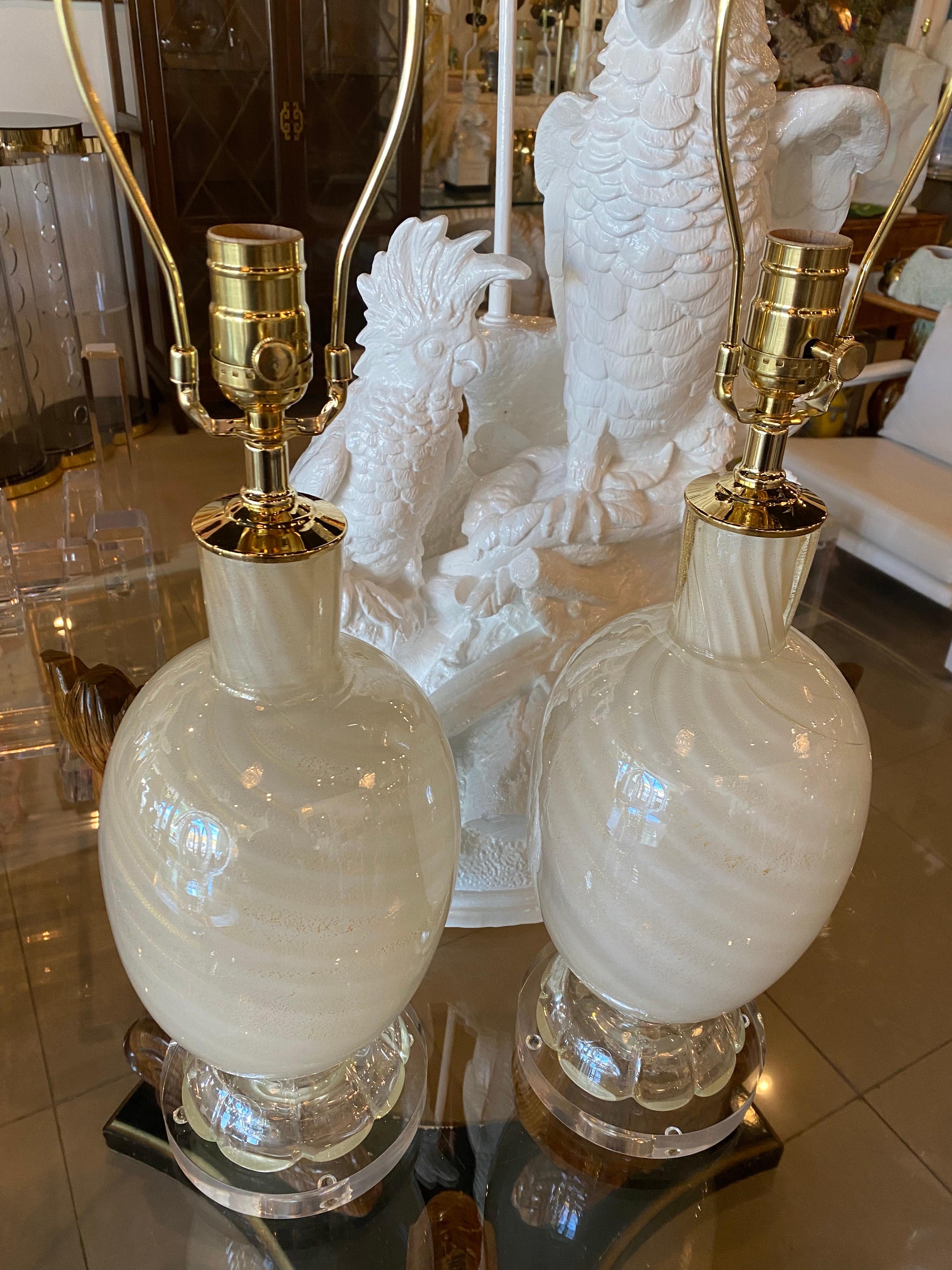 Brass Vintage Pair Murano Glass White Opaline Gold Swirl Sparkle Table Lamps Restored For Sale
