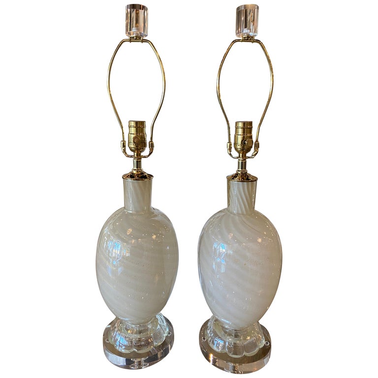 Vintage Pair Murano Glass White Opaline Gold Swirl Sparkle Table Lamps Restored For Sale