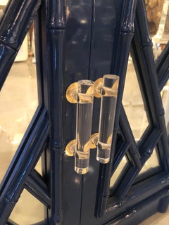 Vintage Pair Navy Lacquered Chinese Chippendale Mirrored Door Nightstands Chests