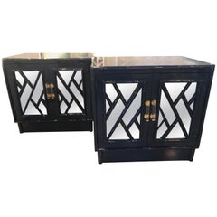 Vintage Pair Navy Lacquered Chinese Chippendale Mirrored Door Nightstands Chests