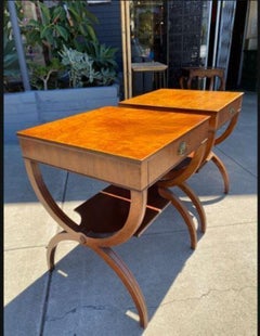 Vintage Pair Neoclassical Mahogany Inlaid and Stenciled Top Side Tables