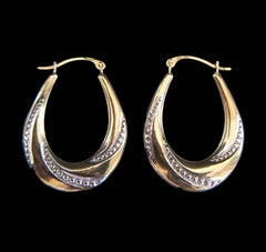 Vintage Pair of 10K Yellow & White Gold Fancy Hoop Earrings - Israel - C. 1980's