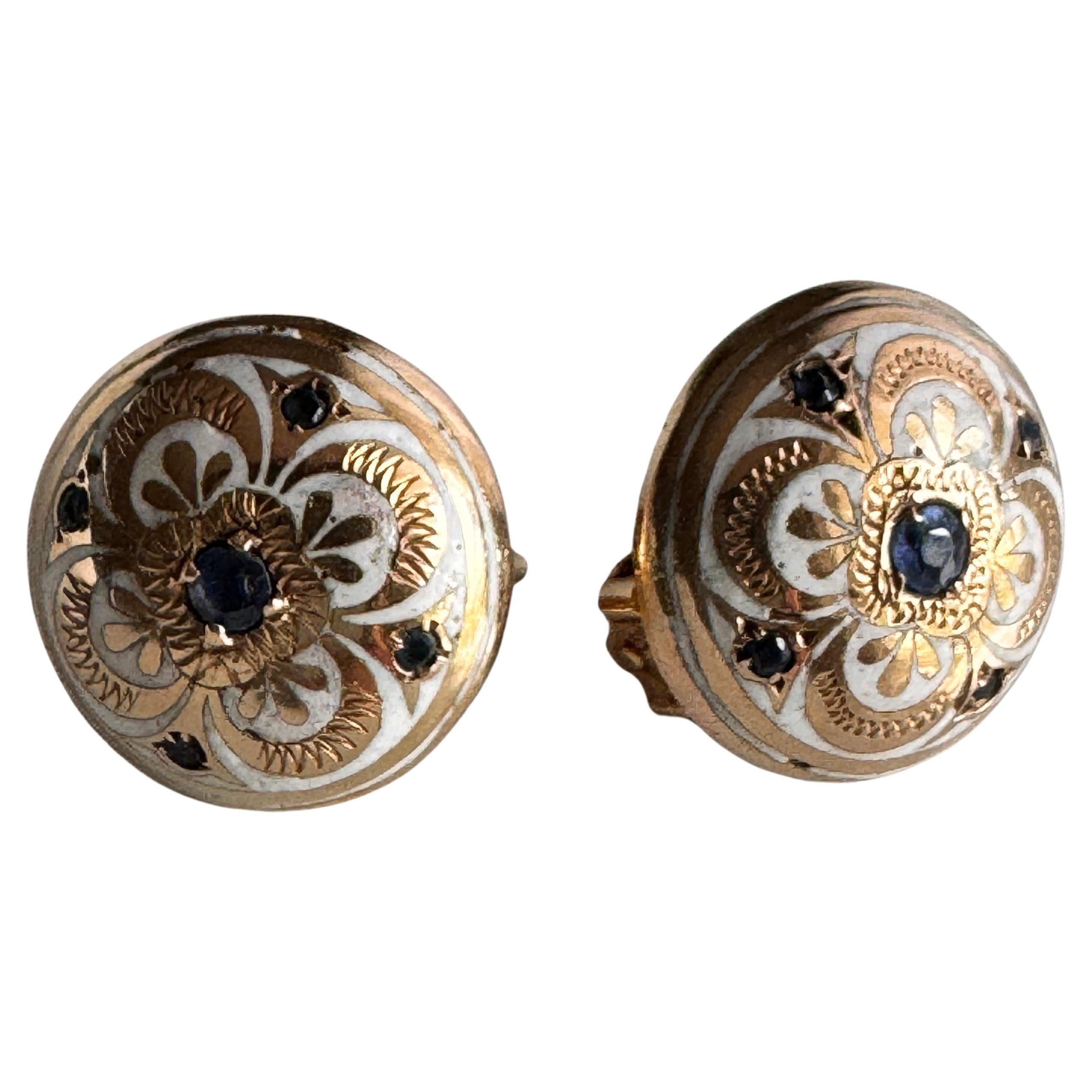 Baguette Cut Vintage Pair of 14K Gold Enameled Clip On Earrings For Sale