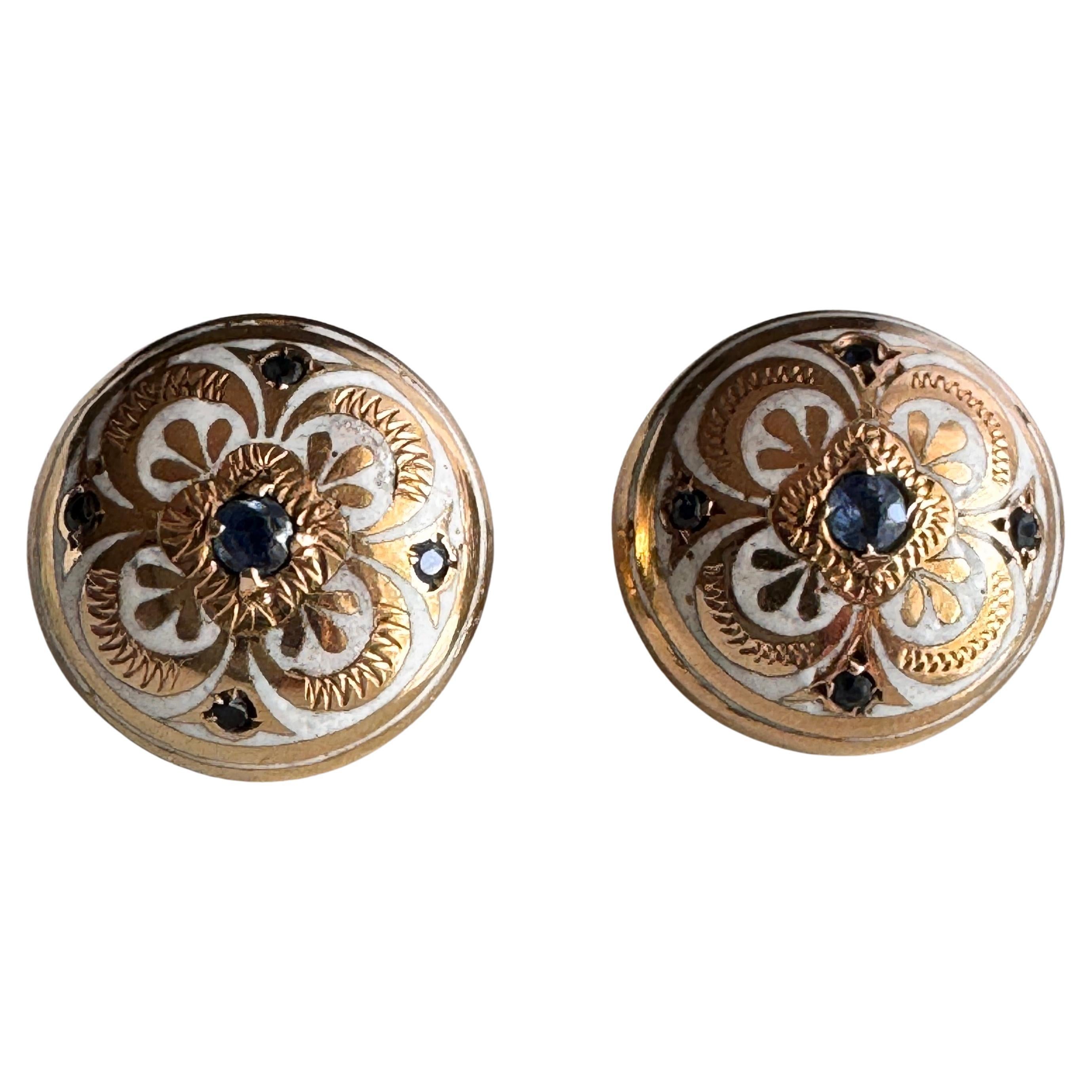 Vintage Pair of 14K Gold Enameled Clip On Earrings For Sale