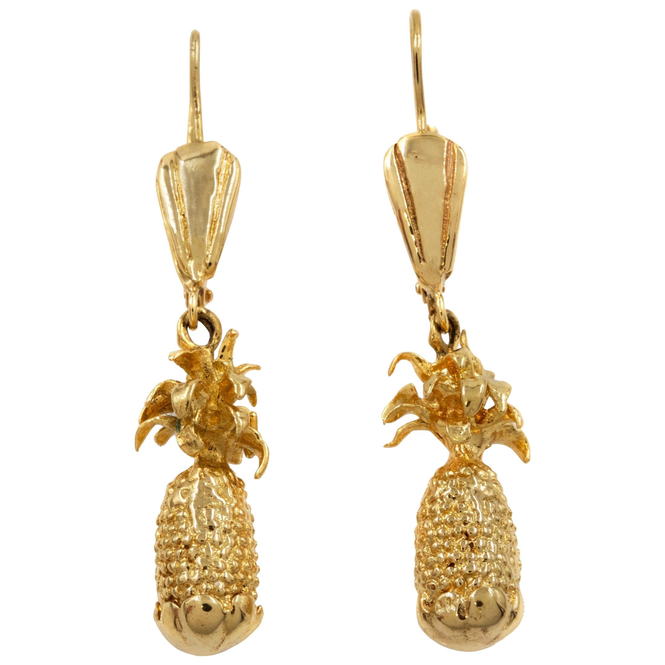 Vintage Pair of 14k Yellow Gold Pineapple Droplet Earrings, 13.1 Grams For Sale