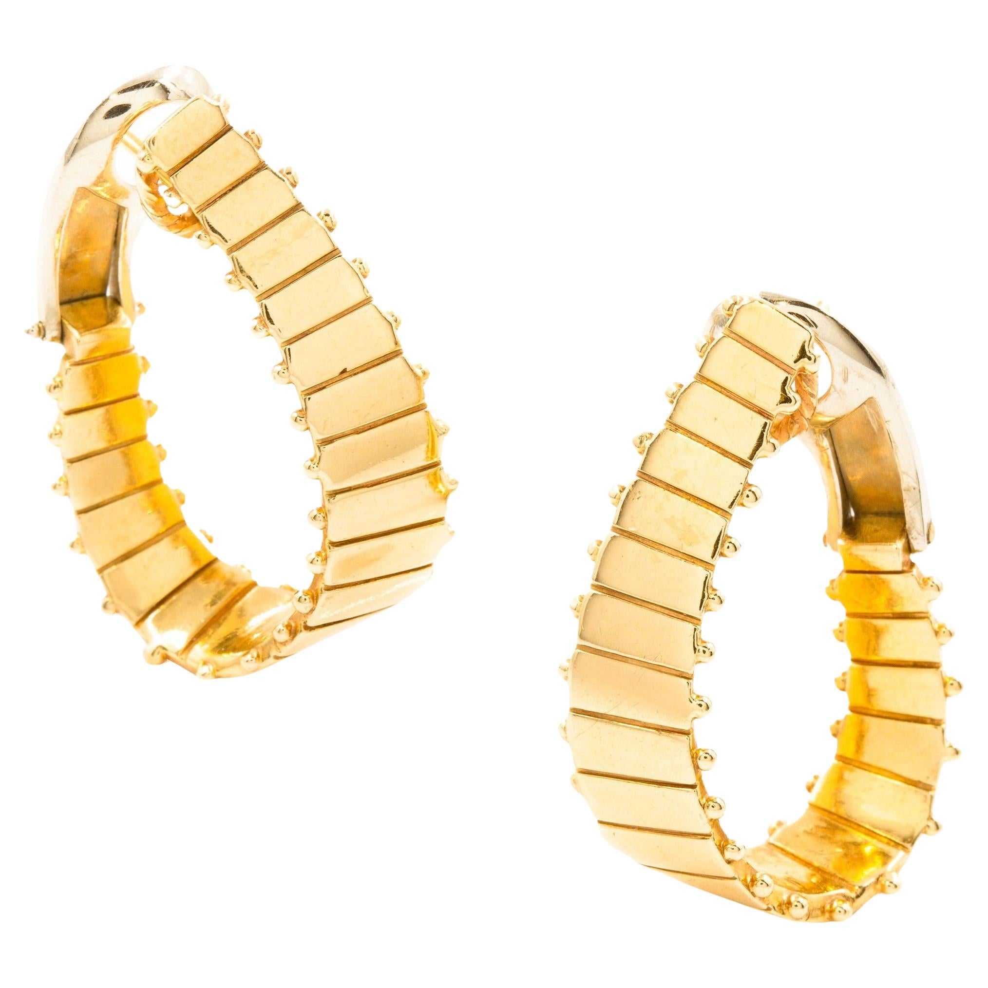 Vintage Pair of 14k Yellow Gold Ridged-Hoop Earrings w/ Omega Clips For Sale