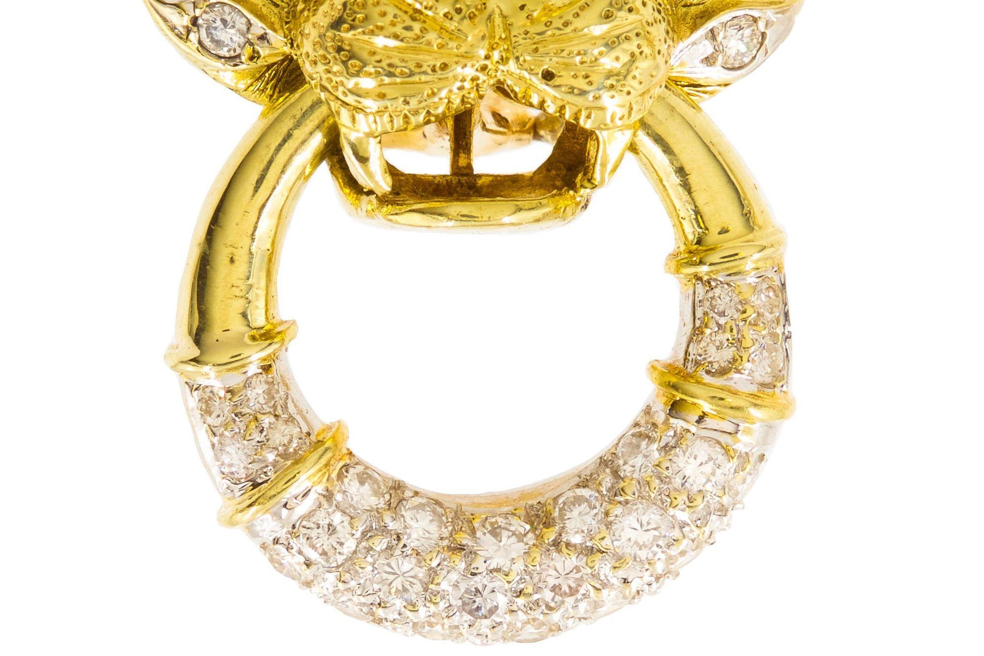 Paar Tiger-Face-Ohrringe aus 14 Karat Gold mit 87 Diamanten, Vintage im Angebot 1