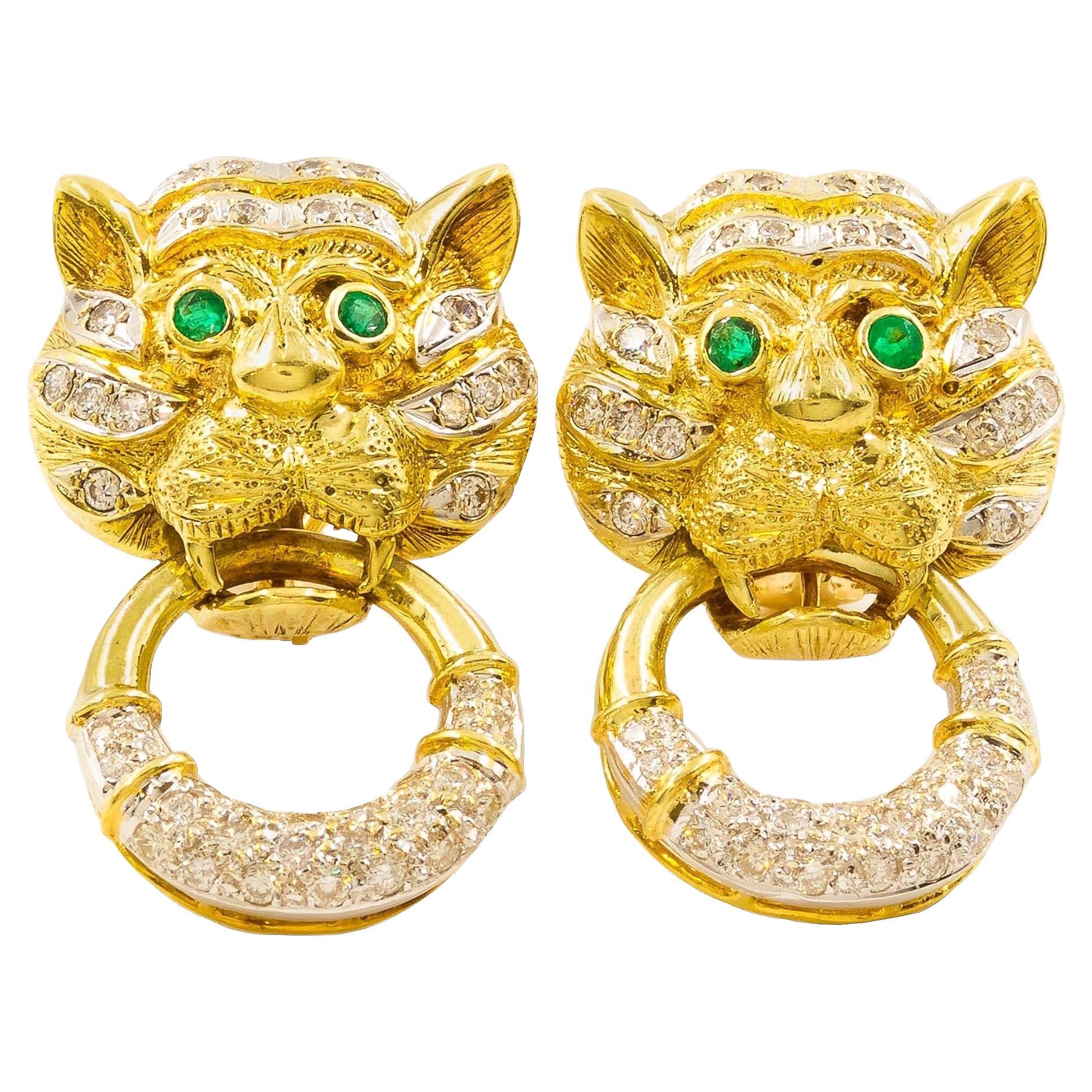 Paire de boucles d'oreilles vintage en or 14 carats avec visage de tigre et 87 diamants