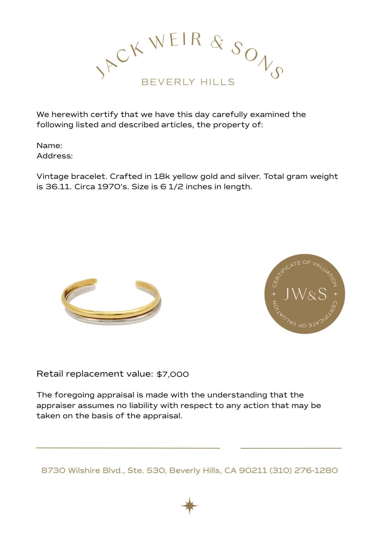 Women's Vintage pair of 18k gold and silver bangle bracelets For Sale