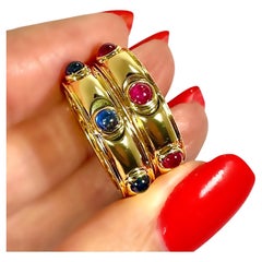 Vintage Pair of 18K Yellow Gold Tiffany Bands with Cabochon Rubies and Sapphires