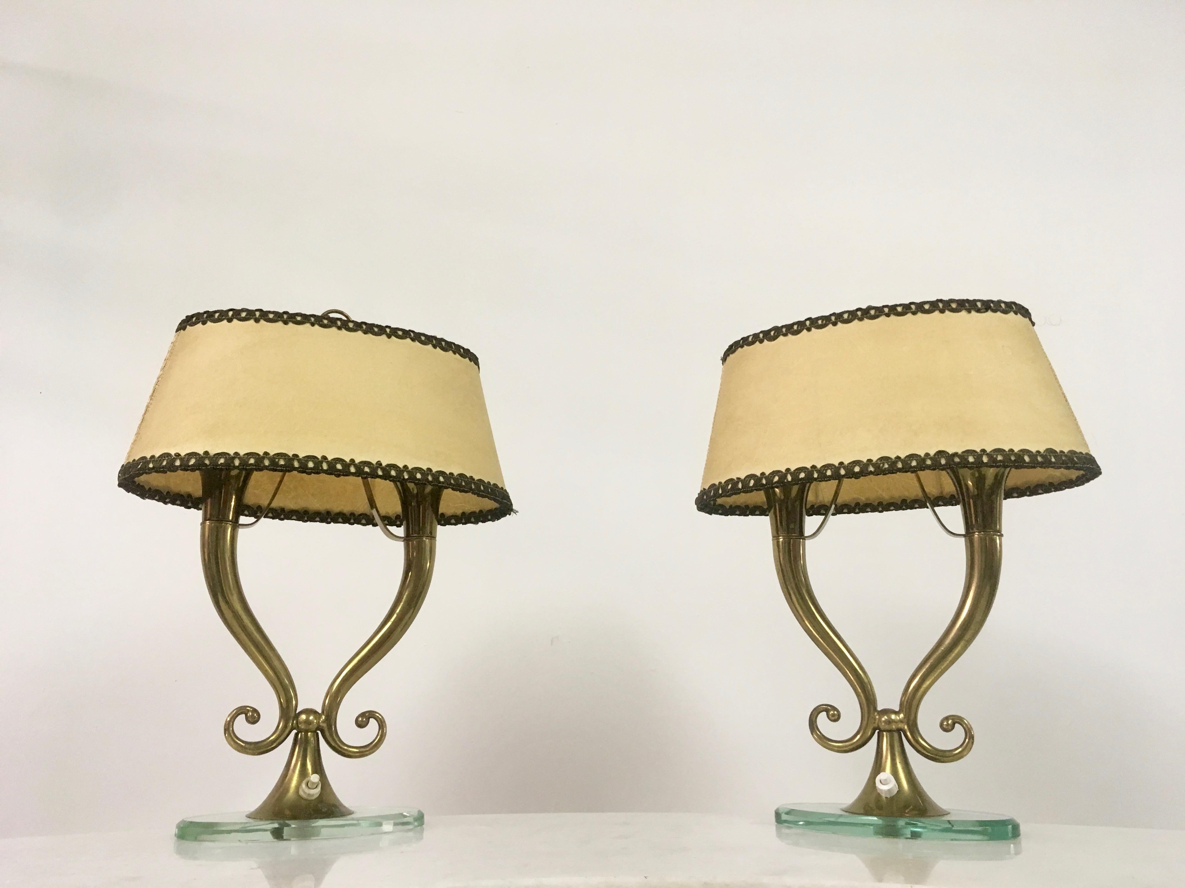Vintage Pair of 1950s Italian Brass and Glass Table Lamps 2